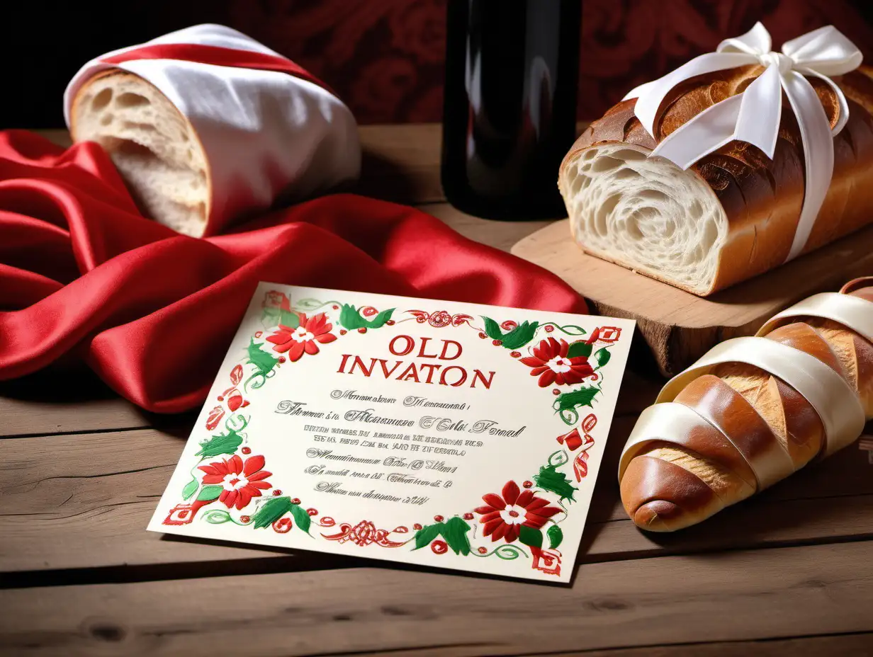 Old style invitation card without text in the front of the picture, in the background there is one loaf of fresh bread on a wooden table, there is a silk ribbon with red white green colors in this order, there is a robe with Hungarian folk embroidery on it, there is an old wine bottle on the table