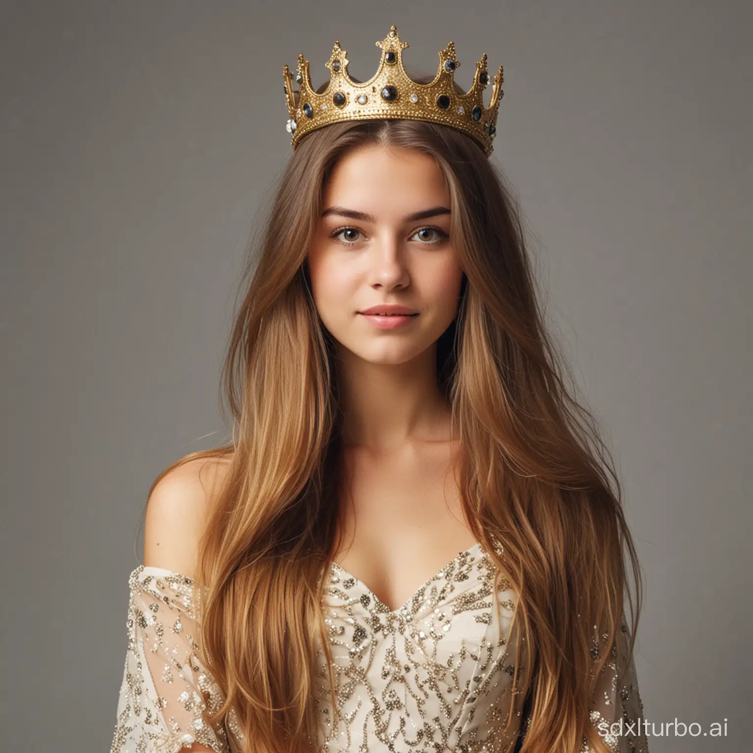 a 25 year old girl with a crown and a dress with long hair