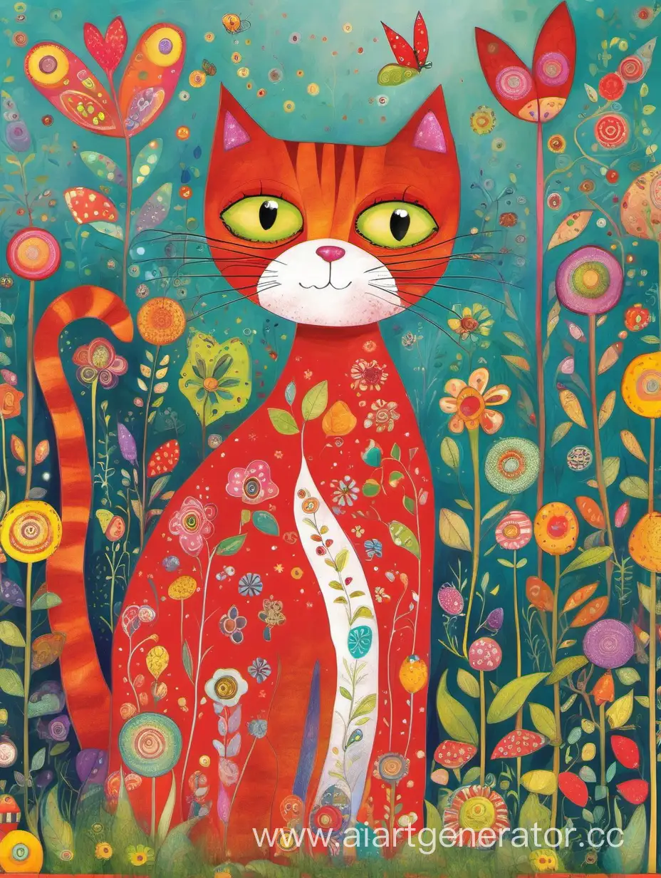 create, a whimsical big tall thin cat.  There is a little girl, she has red hair. They are in the whimsical  garden. Bright colours must be suitable for kids bedroom