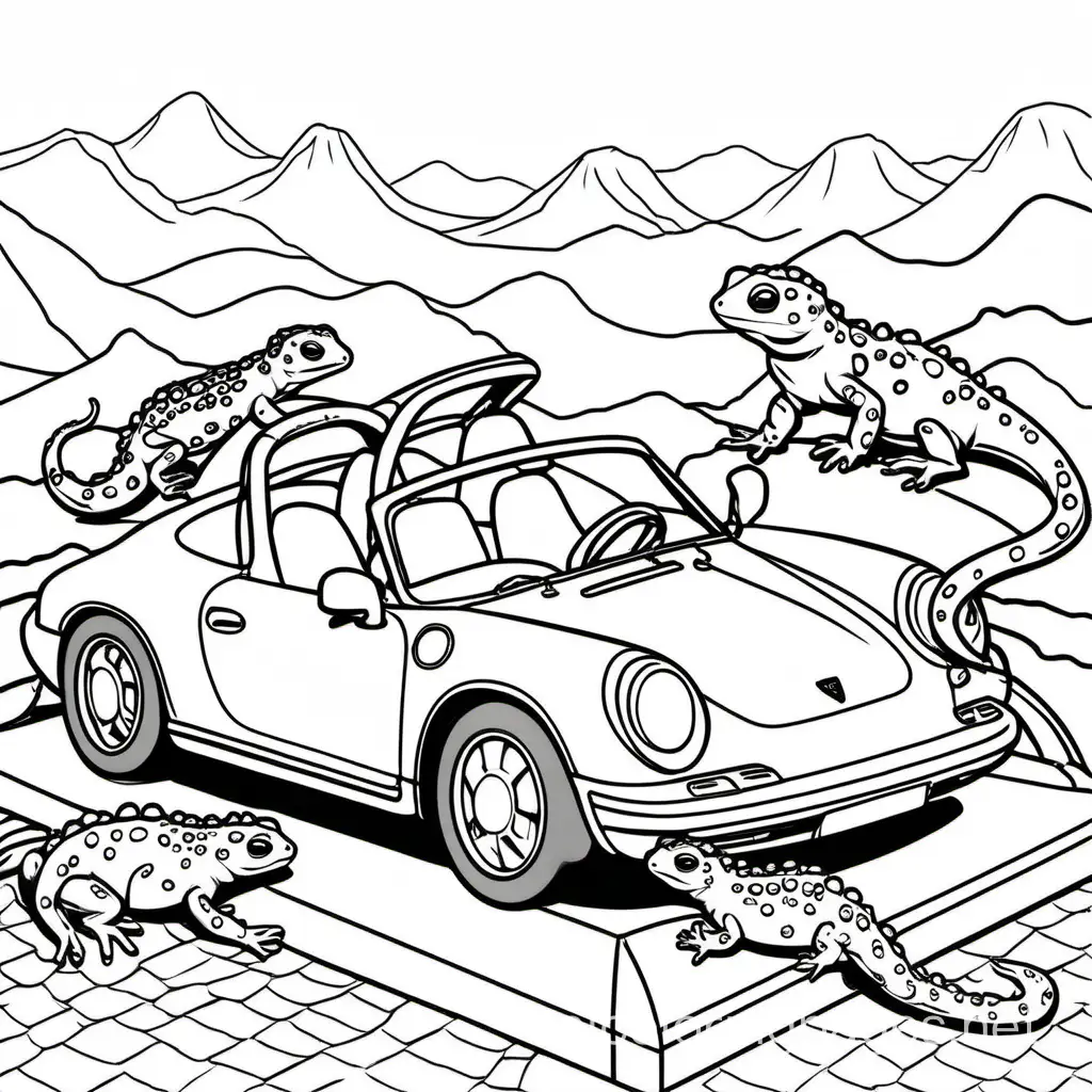Salamander-Family-Relaxing-on-Porsche-Roof-Coloring-Page