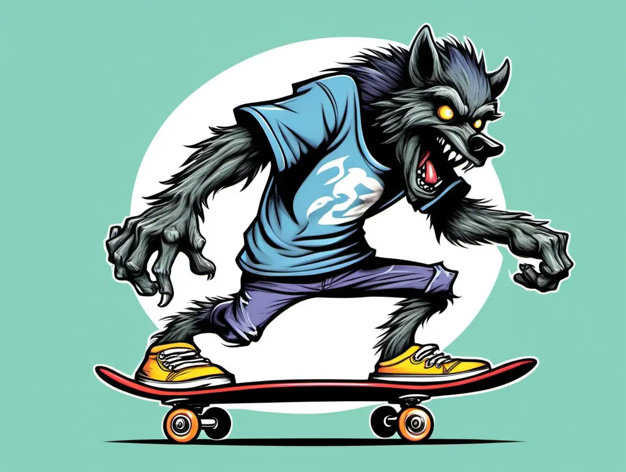 cartoon werewolf on skate board doing tricks, tee shirt art