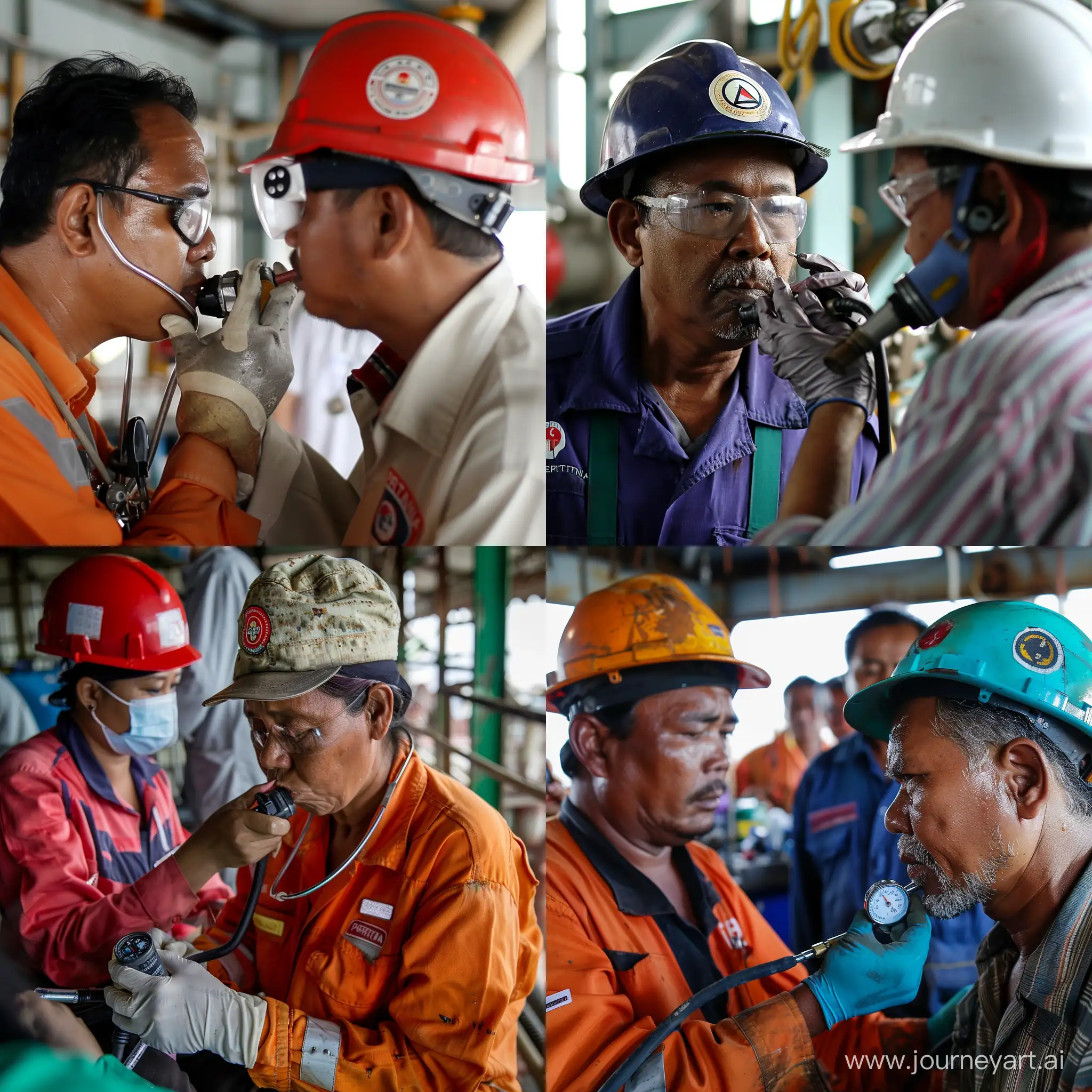 An Indonesian Pertamina worker is having a health check