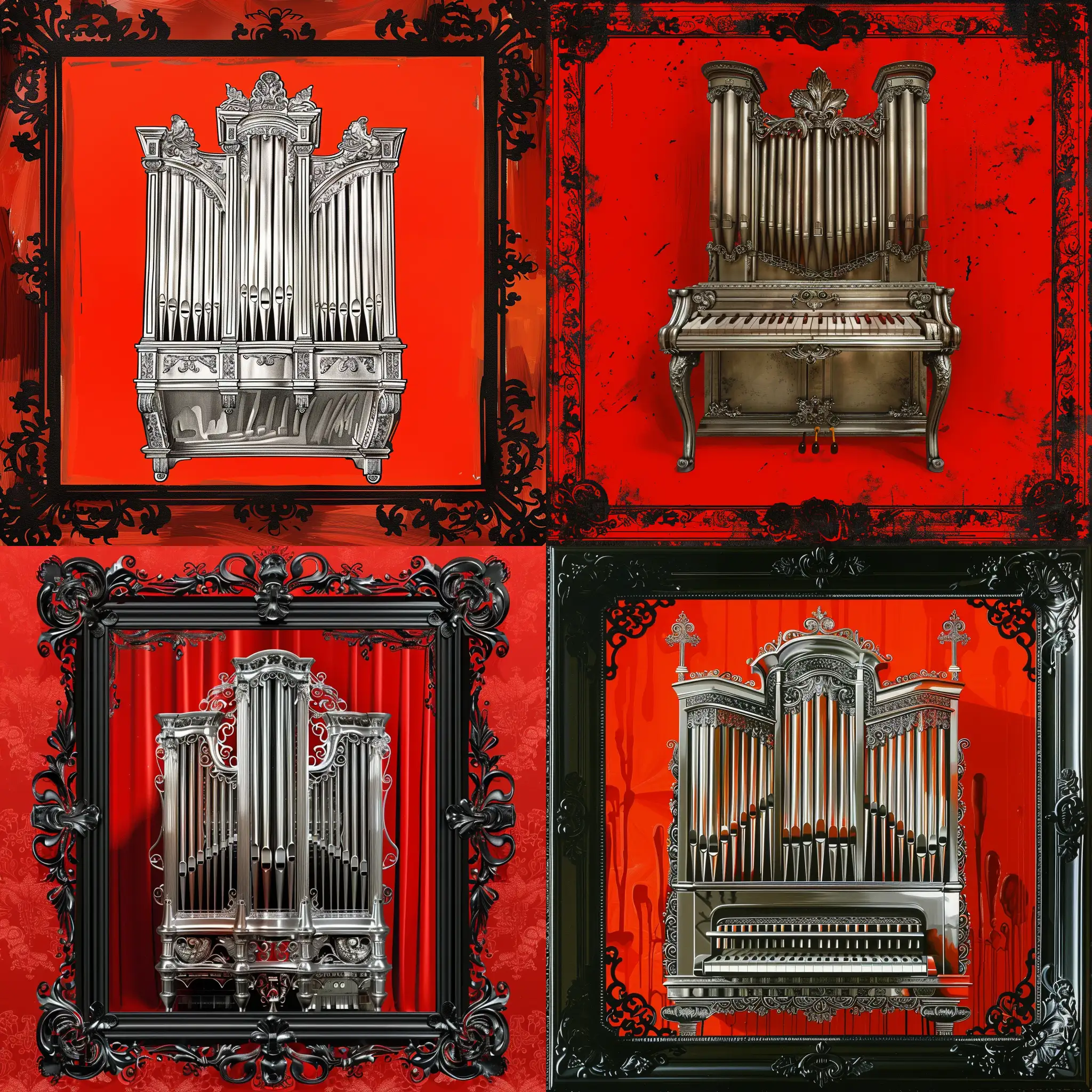 A silver slavic organ, on a bright red background, framed with black faint delicate filigree, clean digital painting