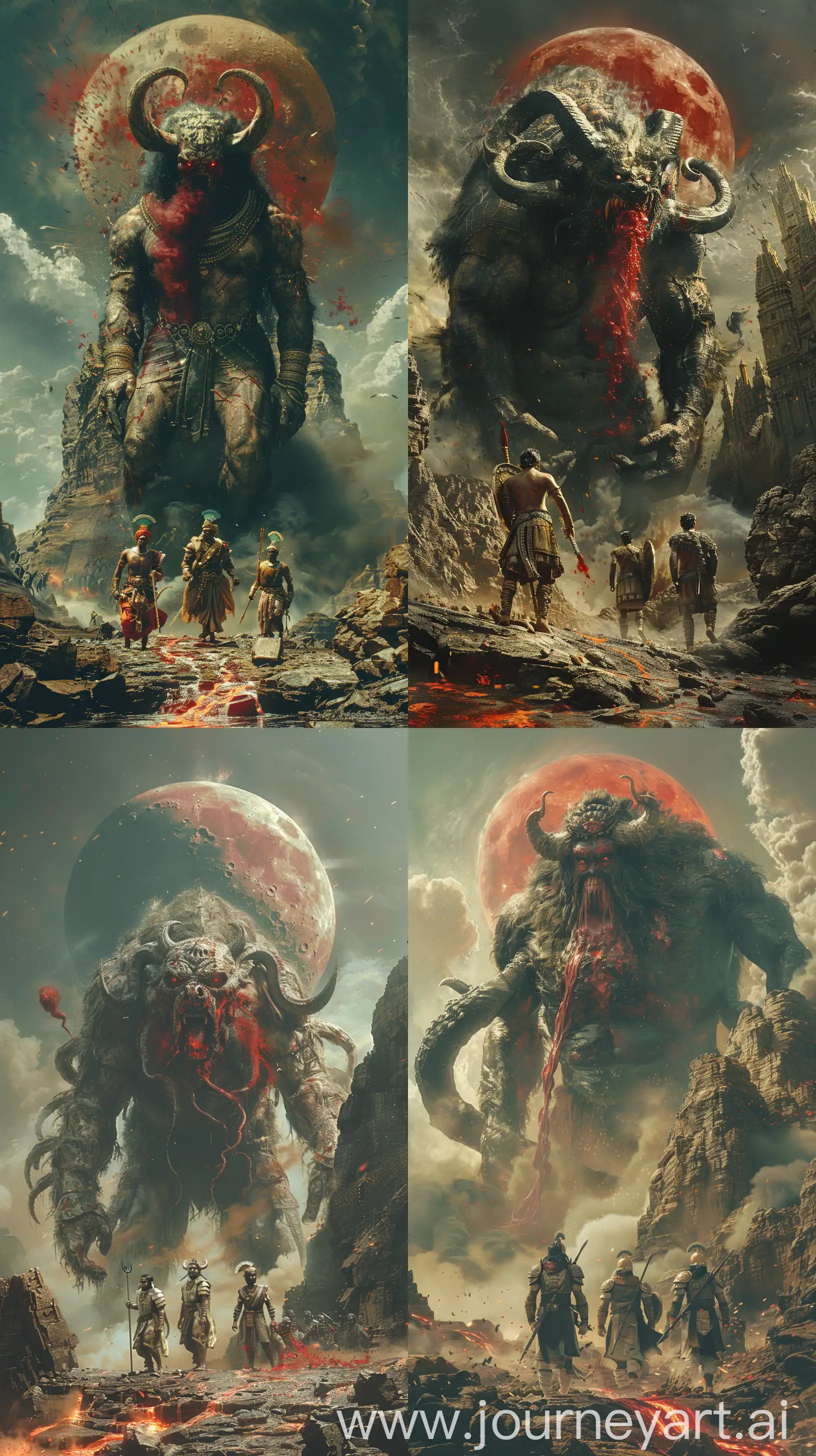 Triumphant-Indian-Warriors-Defeat-Colossal-Demon-in-Lavish-Raj-Ravi-Varma-Style