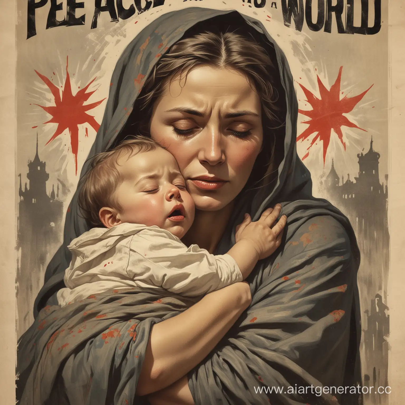 Плакат с лозунгом "Миру мир" в стиле плакатов Великой Отечественной войны с изображением плачущей женщины. держащей в руках ребенка, которая закрывает ему глаза, чтобы скрыть ужасы войны