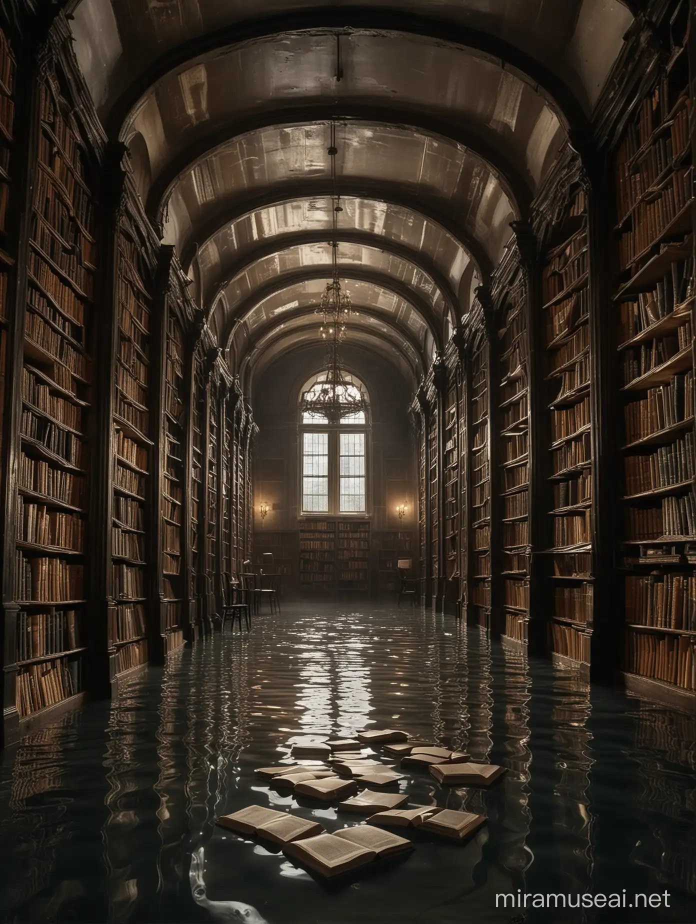 Immagina una foto realistica e accattivante di una imponente biblioteca piena di moltissimi libri. Il pavimento è allagato da acqua leggermente increspata. Il soffitto è a volta. È vetrato e intelaiato in ferro. Sembra uno spazio a cielo aperto. A terra alcuni libri aperti galleggiano sull'acqua. L'atmosfera è cupa e misteriosa, esprime un senso di abbandono e solitudine del tempo. La luce è magica e affascinante. Aggiungi dettagli accurati e realistici alla scena facendo in modo che risulti piena di riflessi e fascino. L'intera scena risulta imponente e impetuosa, carica di mistero. 