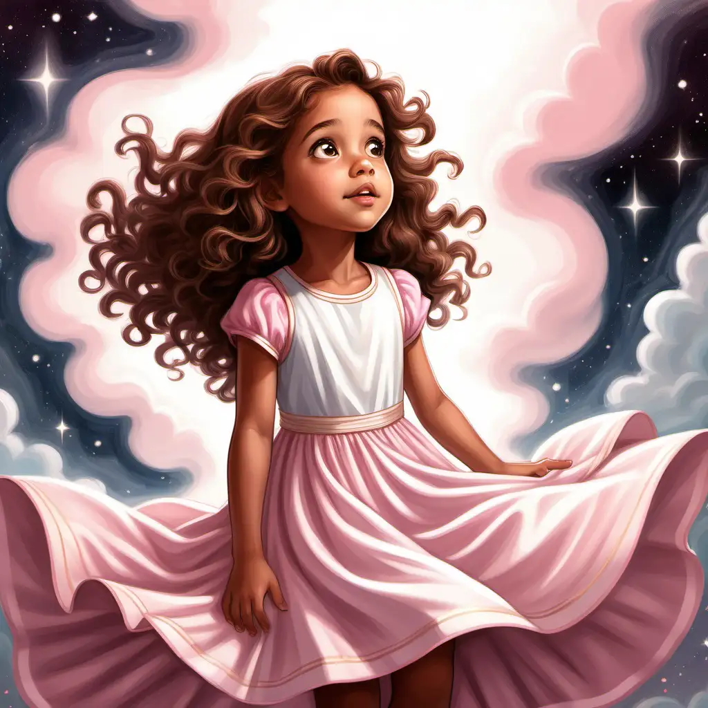 Flat art, children's book, cute, 5 year old girl, tan skin, light hazel eyes looking up, long tight curl brown hair, angelic, imagining college in a thought bubble , beautiful, pink and white dress, 