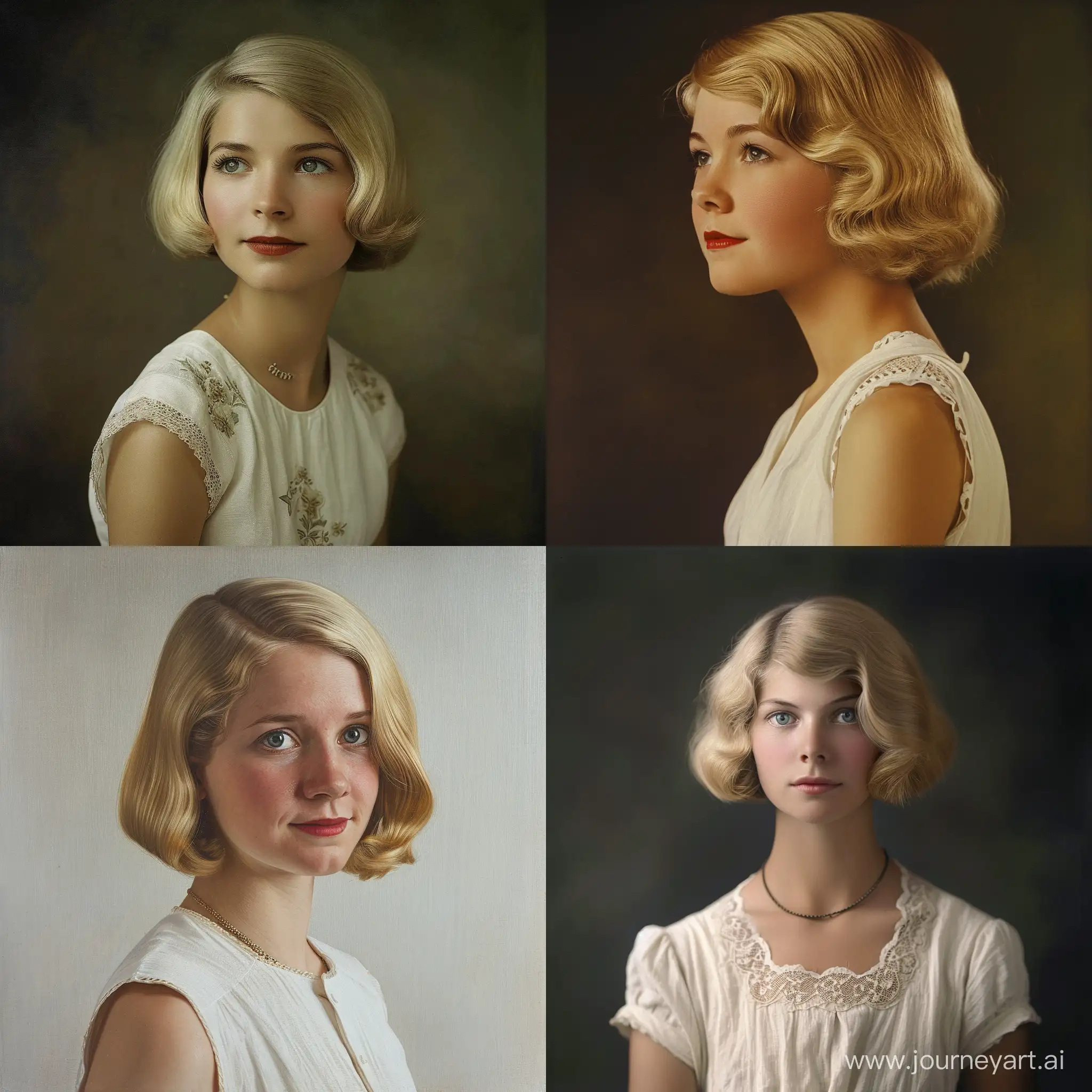 beautiful woman, blonde hair, bob cut, white cotton dress, portrait, strong expression, nobility, unmarried, 1925, england