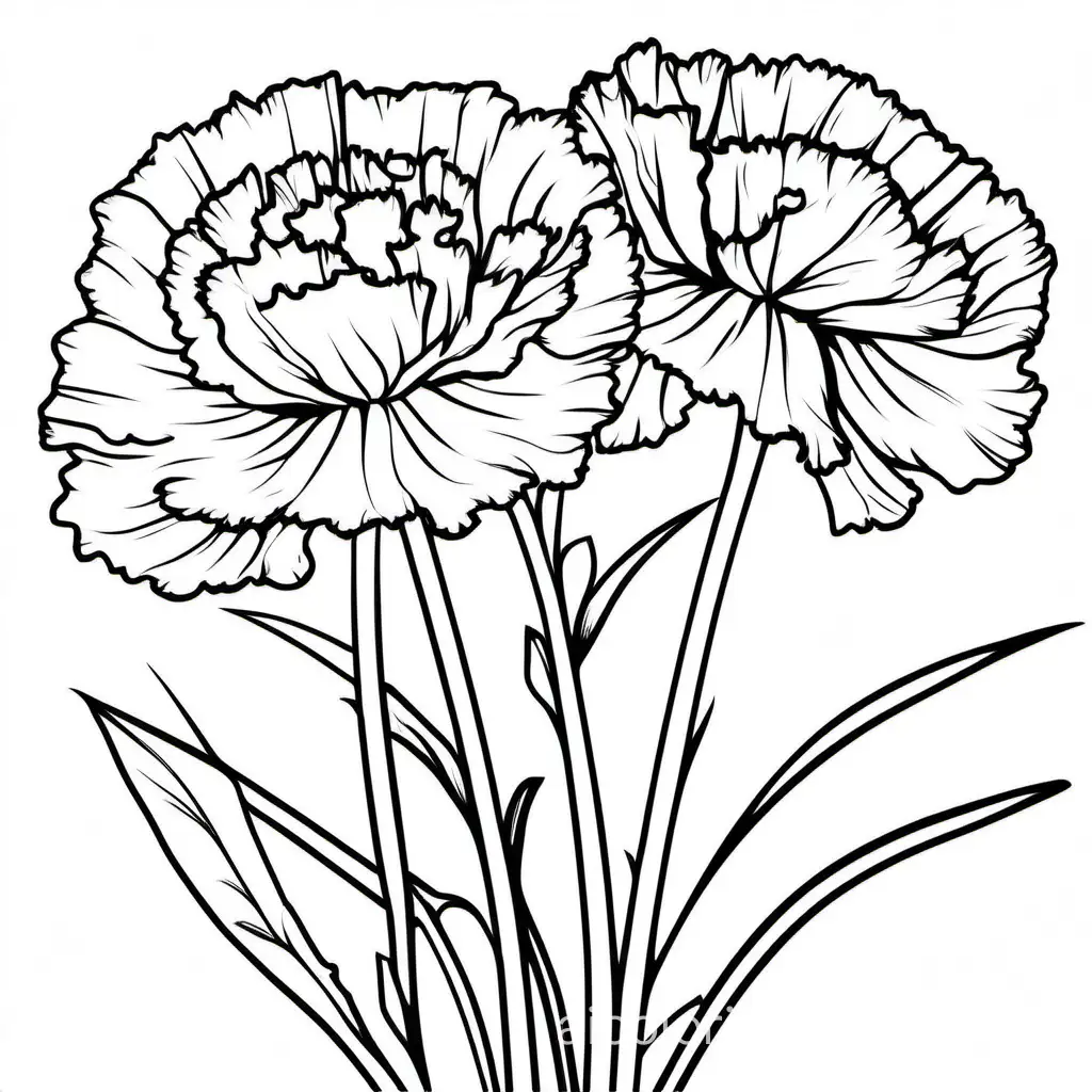 carnation flowers

, Coloring Page, black and white, line art, white background, Simplicity, Ample White Space. The background of the coloring page is plain white to make it easy for young children to color within the lines. The outlines of all the subjects are easy to distinguish, making it simple for kids to color without too much difficulty