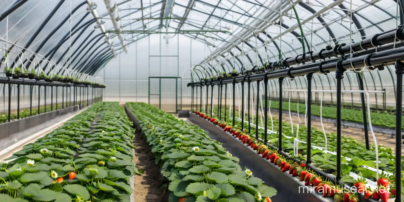 Vibrant Glass Greenhouse with Sparse Strawberry Crop and LiquidFilled Pipes
