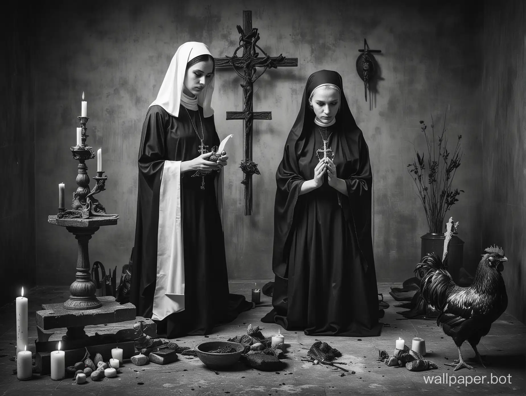 sacrifice of a rooster, girl doing satanic ritual,nun ,altar, doing ritual in,black and white photography, high contrast photography, sharp super contrast
