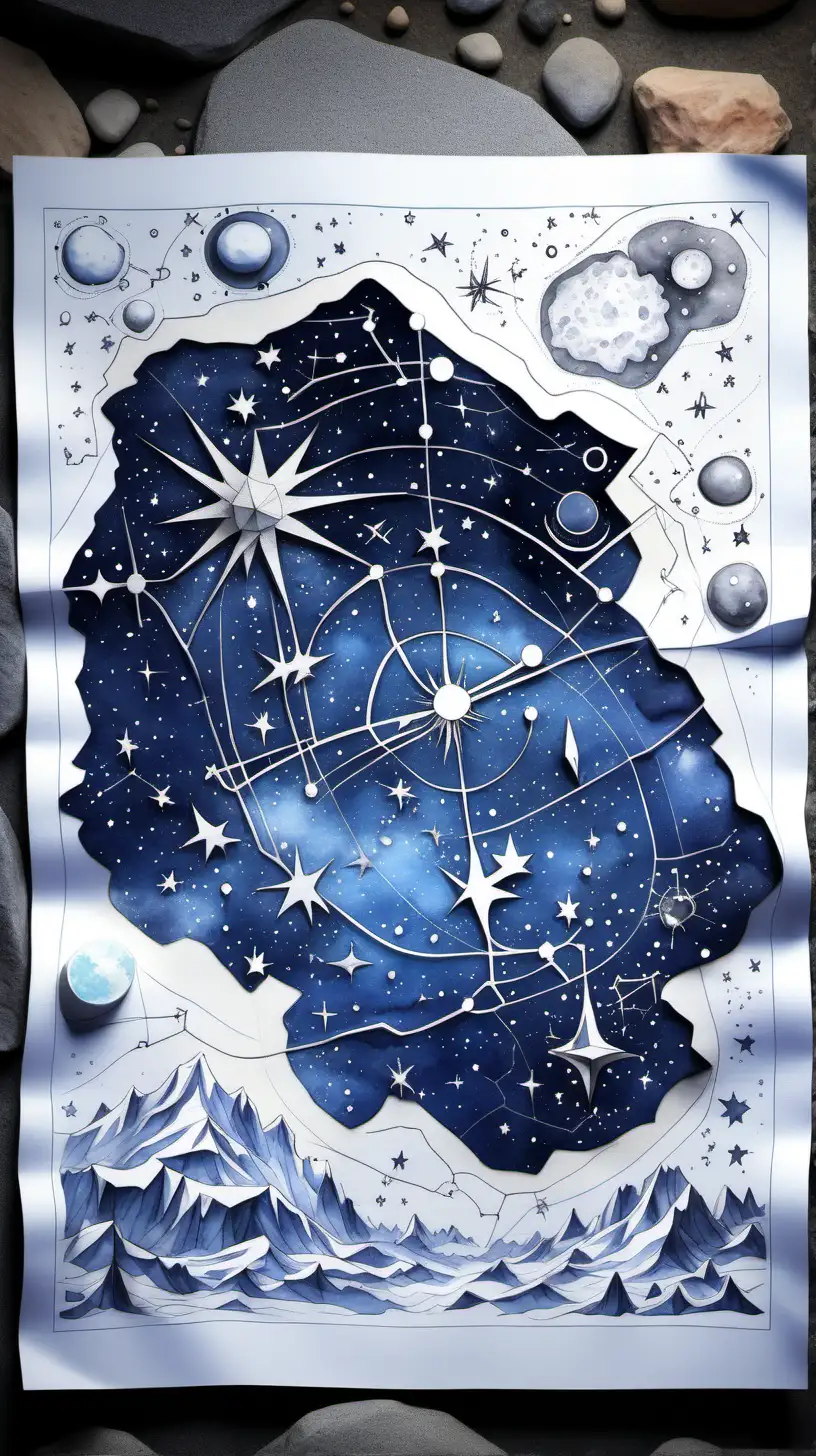 placed on a rock a paper map of the constellations in white paper, drawing of map, watercolor style