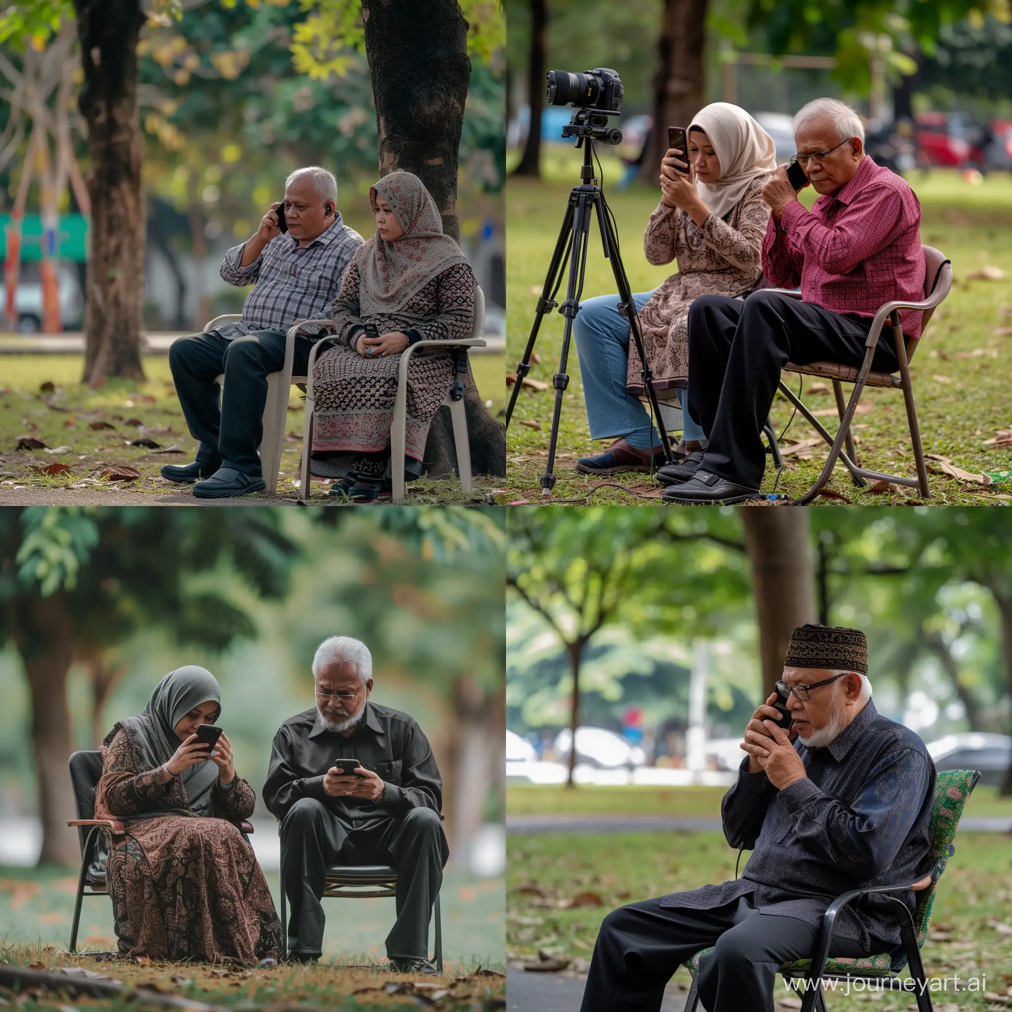 ultra realistic, malay man sitting on a chair while playing on the phone with his partner, park area, canon eos-id x mark iii dslr --v 6.0