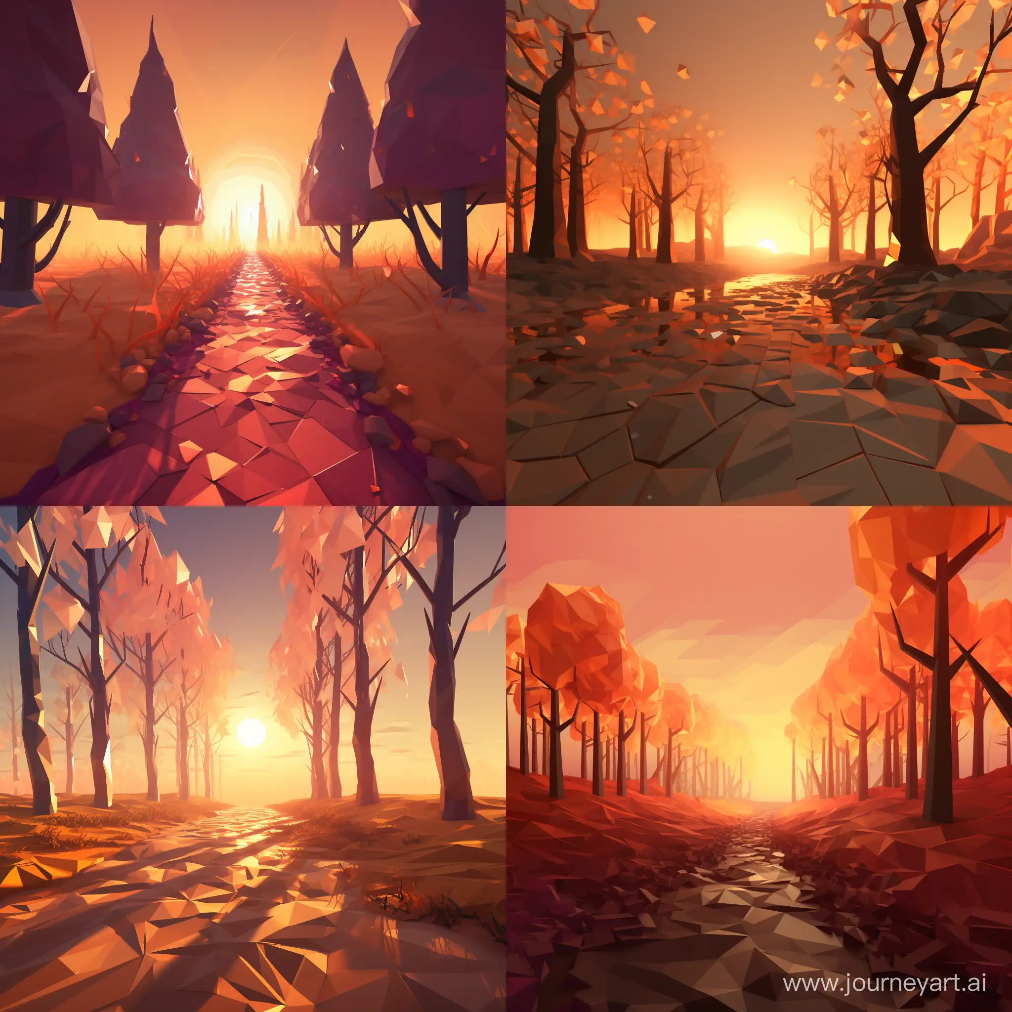 rectangular straight path, with trees burning and on fire, low poly