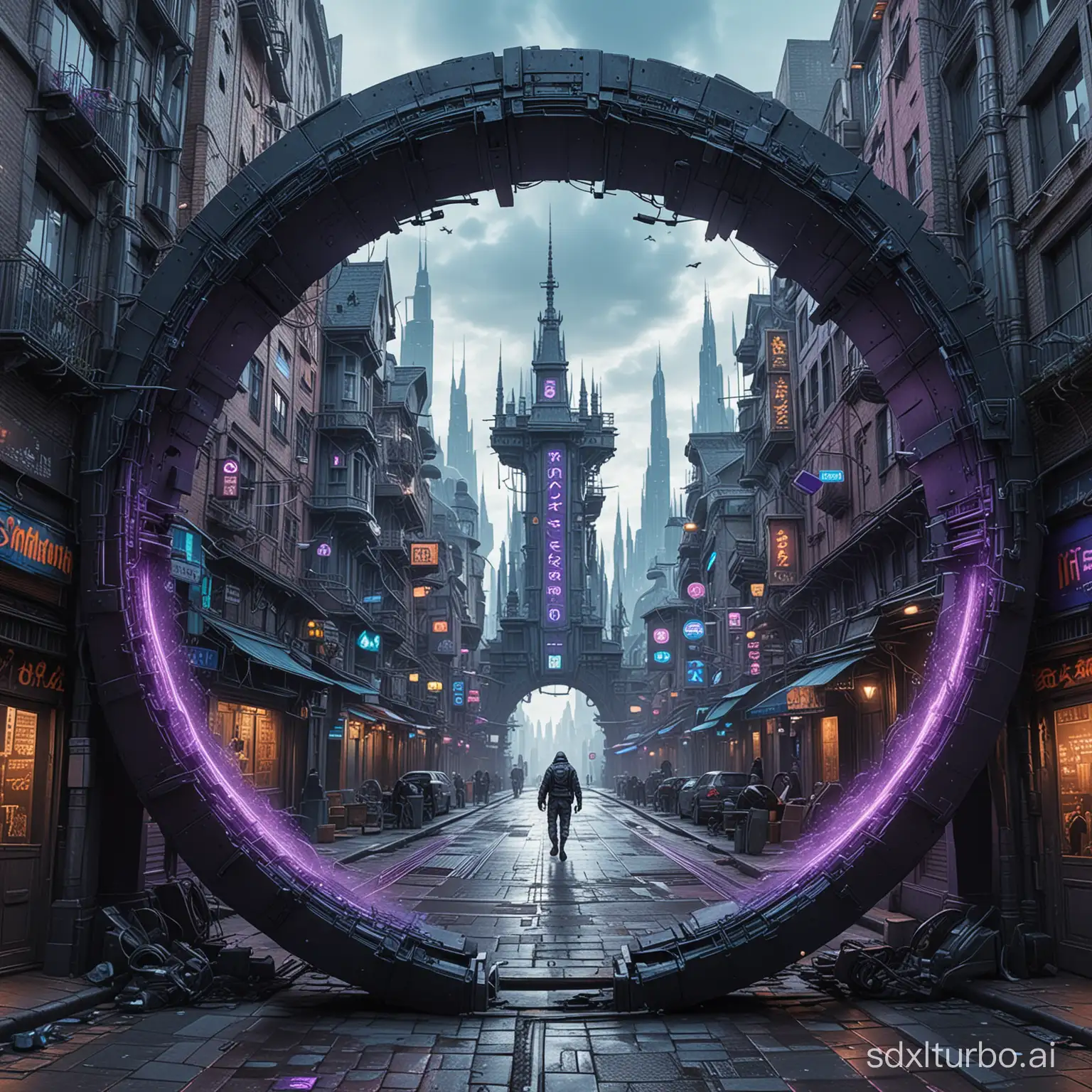 In optical illusion hyper-realistic images, there is a medieval street with a complex glowing giant circular gate in the middle, composed of metal and blue-purple lights, set within a cyberpunk-style city and street, with skyscrapers and flying cars scattered throughout, flying battleships leading to the city of the future, the silhouette of a ninja walking inside, super colorful, super detailed, intricate, cyberpunk style.