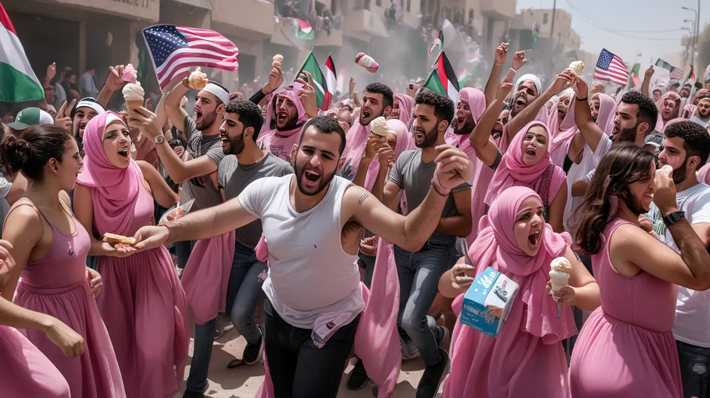 crowd of dancing wounded Palestinians with pink dresses with new iPhones and USA flags eating icecream

