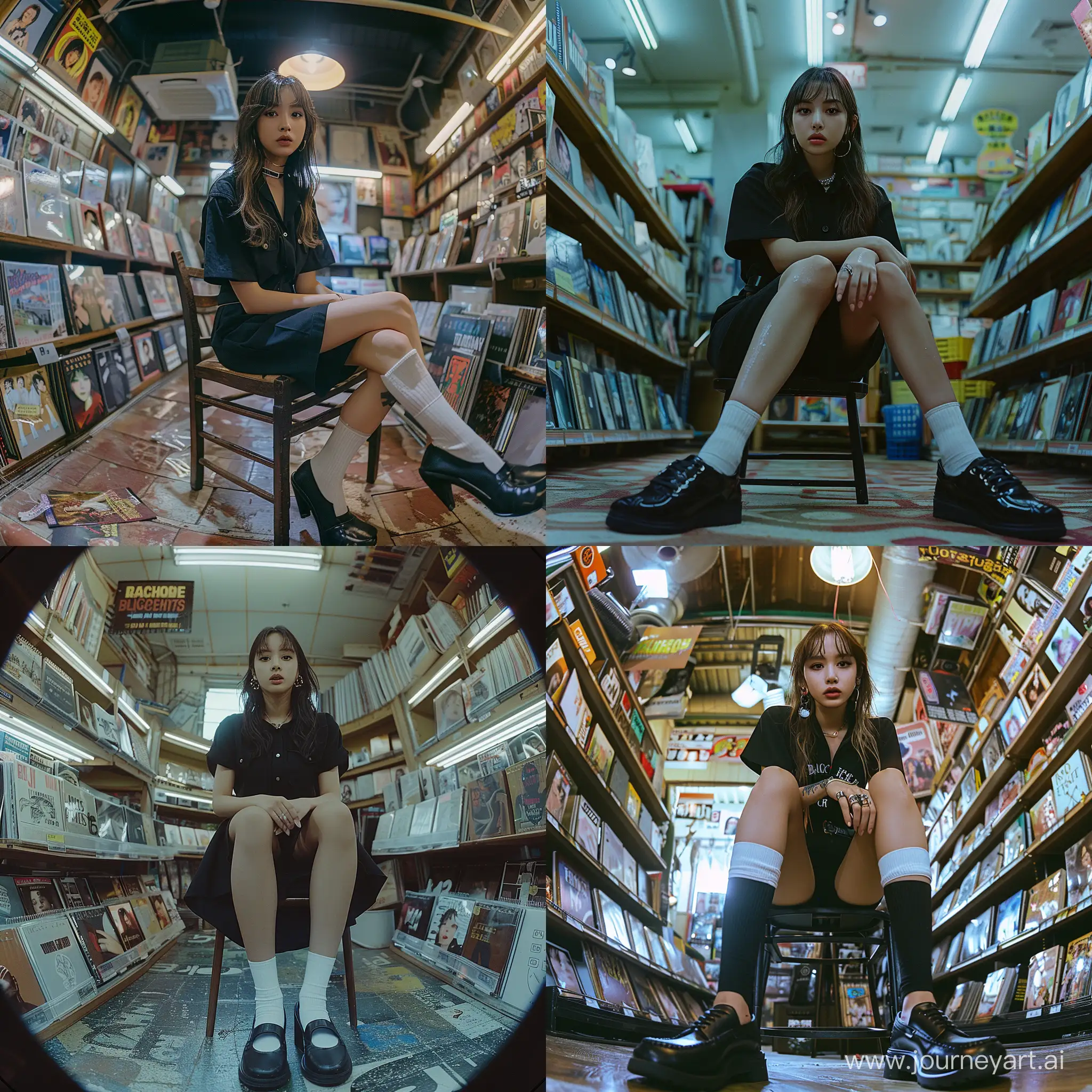 High resolution fashion profile photo of blackpink's jennie,wearing black shirt,black short pants and black loafers shoes with white socks, siting on chair in album store,bared face,fisheye lens--ar 9:16 --style raw --stylize 550 --v 6