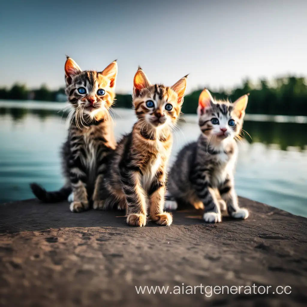 три котенка сидят перед озером и веселятся