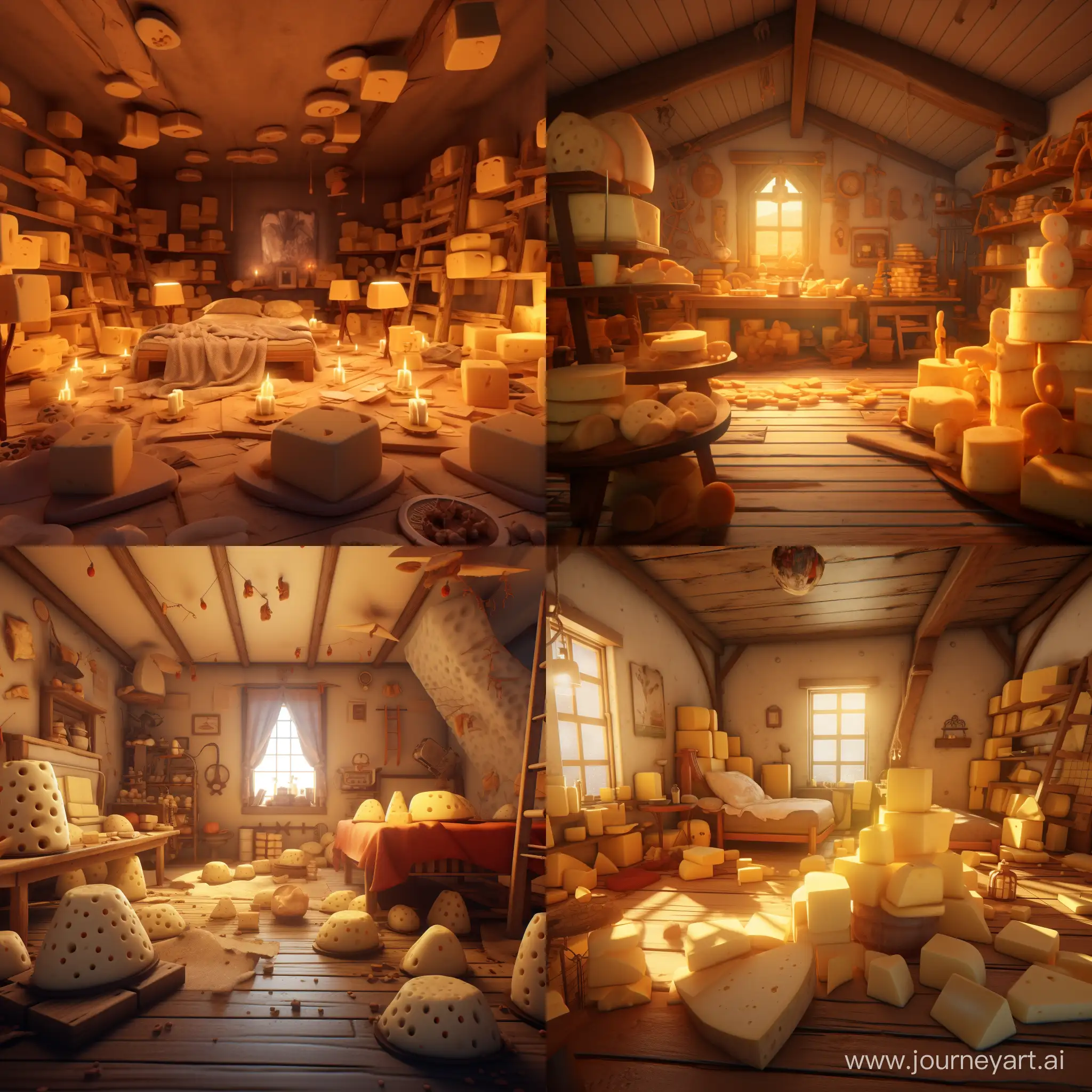 A big room with a lot of cheese in it. There are mice in there. 3D animation 