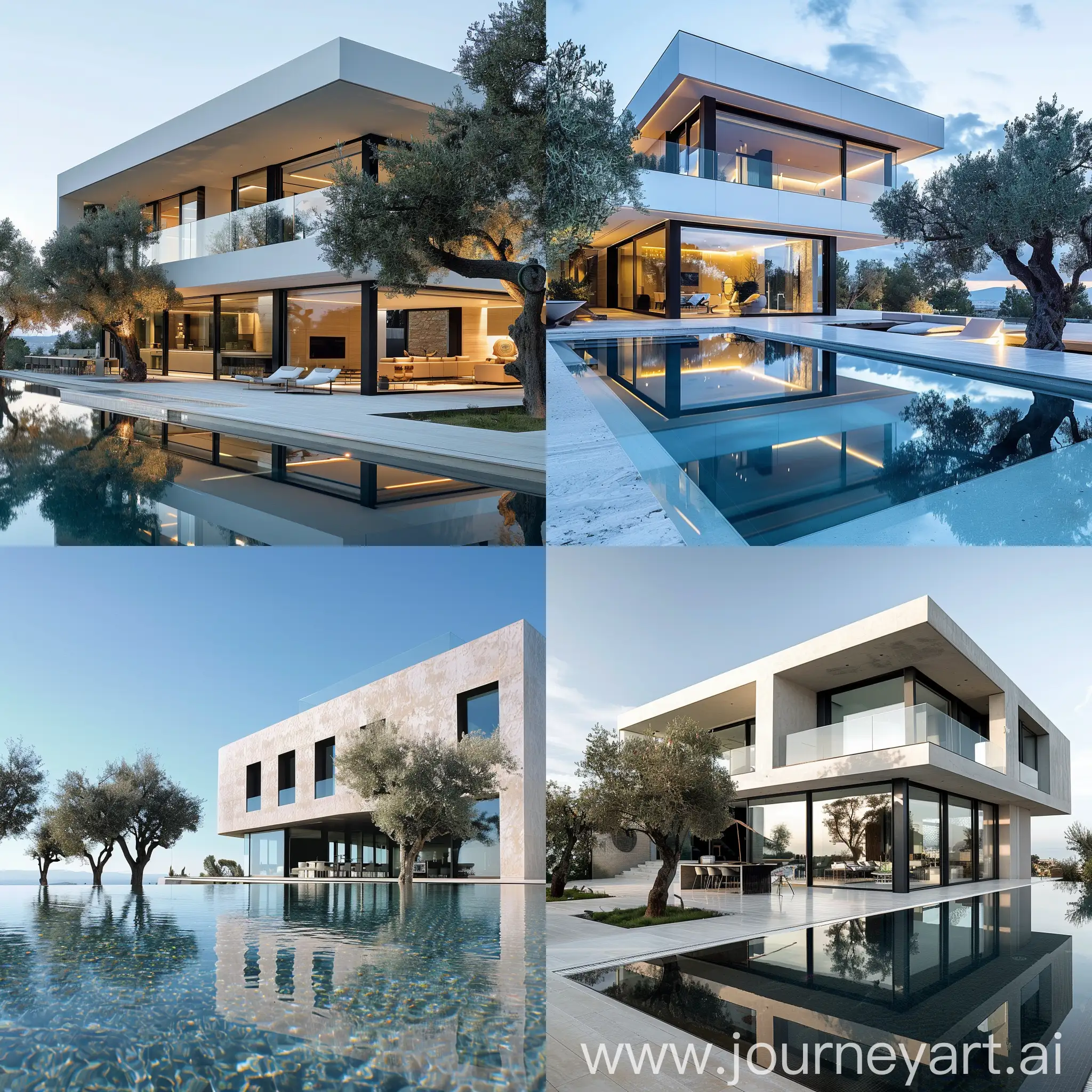 Modern luxury Spanish house, in a modern Mediterranean style, located on the coast, among olive trees, with large windows and an infinity pool, with a minimalist design, open-plan living areas, glass walls, roof terrace, Frank Gehry, Zaha Hadid style, clear lines, clear focus