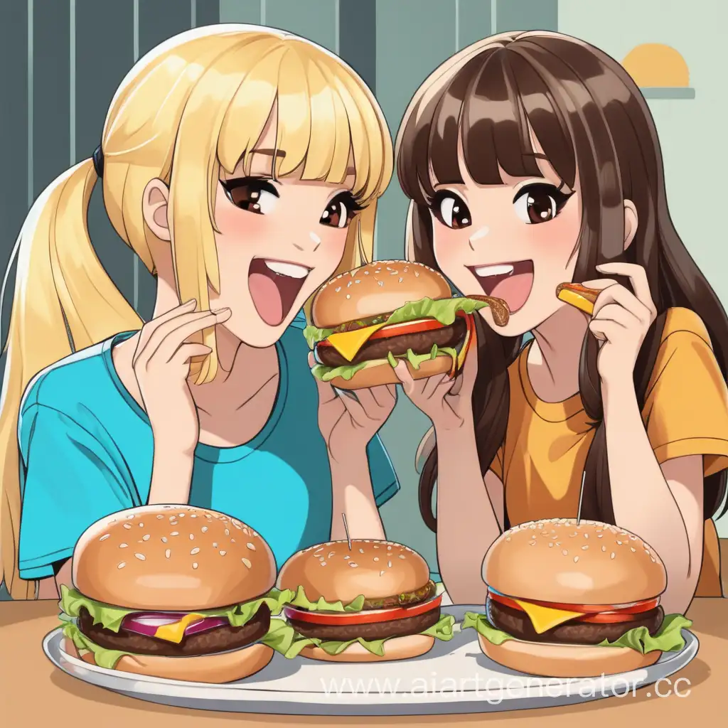 Joyful-Moment-Blonde-and-Brunette-Enjoying-Delicious-Burgers