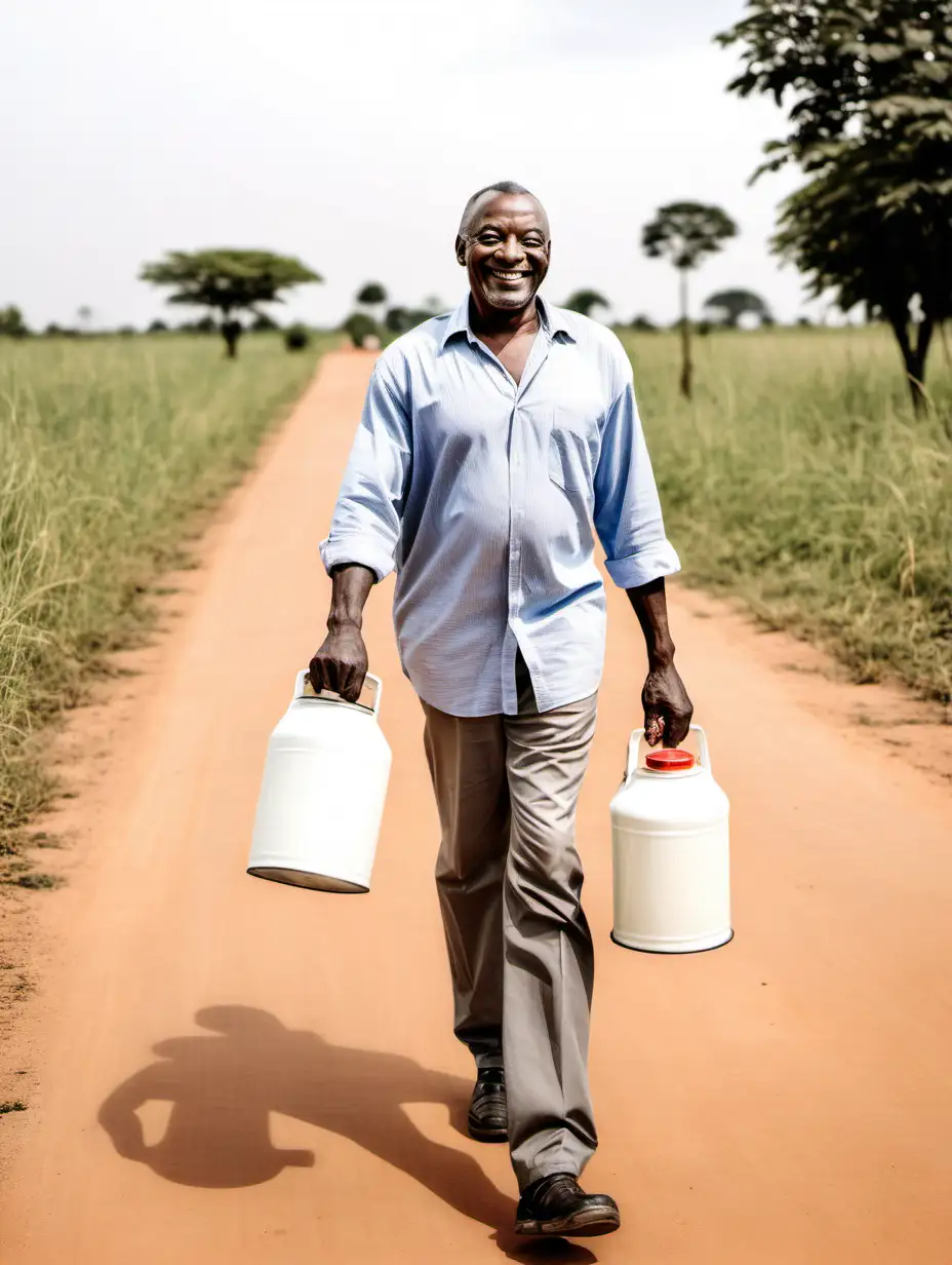 Cheerful African Man Walking with Full Milk Can