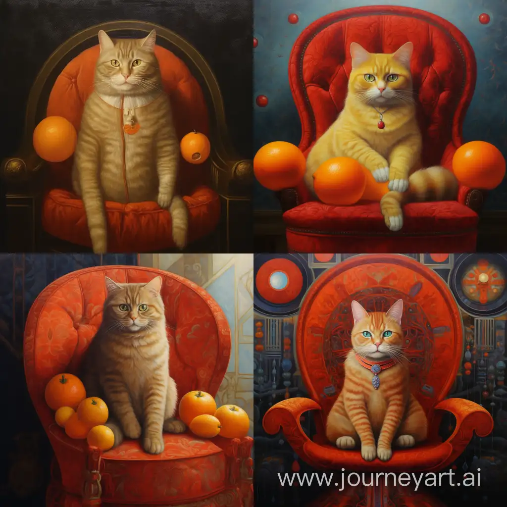 Orange-Cat-Queen-Sitting-on-a-Red-Chair-with-an-Orange-Ball