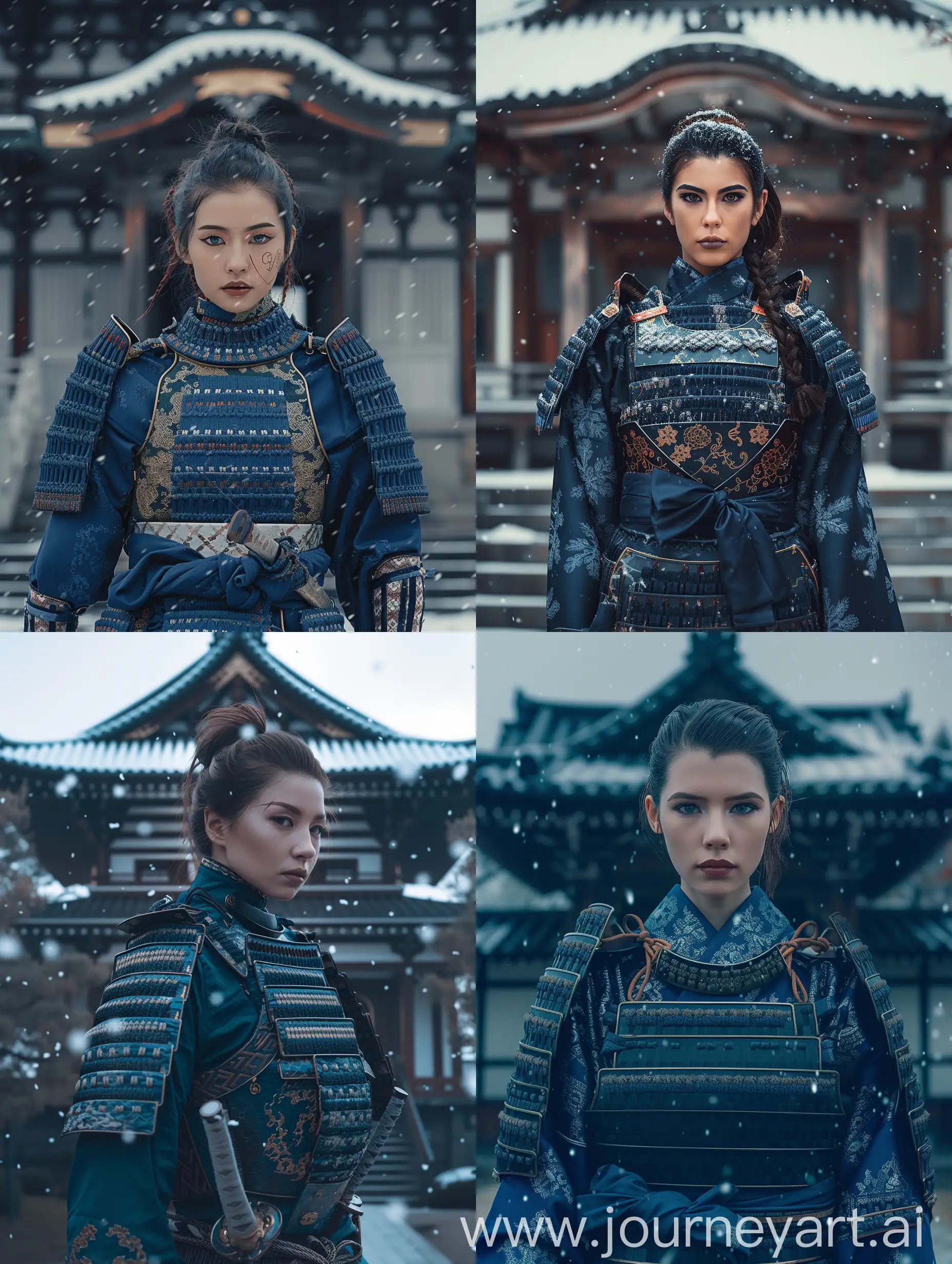 Character: A captivating and Beautiful Female Samurai Warrior adorned in a resplendent Blue ō-yoroi armor, radiating elegance and strength.
Environment: The majestic setting of a Japanese Temple, steeped in tradition and serenity.
Background: A Front View of a Symmetrical Japanese Temple, its intricate architecture providing a harmonious backdrop to the scene.
Style: An opulent Blue ō-yoroi Fashion Editorial, blending the timeless essence of the Samurai with contemporary flair.
Photography Type: Cinematic Fashion Editorial, capturing the essence of the Blue ō-yoroi Samurai Warrior in a visually compelling manner.
Theme: A Fashion Editorial Campaign celebrating the Blue ō-yoroi Samurai Warrior, showcasing the fusion of tradition and modernity.
Visual Filters: Enhanced with a Fashion Film Look-Up Table (LUT), adding depth and richness to the visual narrative.
Camera Effects: Enriched with subtle Camera Blur and Camera Haze effects, enhancing the cinematic quality of the imagery.
Time: Set during a tranquil Evening with gentle snowfall, imbuing the scene with a serene and enchanting ambiance.
Resolution: Captured in High resolution, ensuring every intricate detail is meticulously preserved.
Key Element: The Blue ō-yoroi technical textile, a focal point of the ensemble, adorned with exquisite craftsmanship and detailing.
Details: Rich and intricate details adorn the technical textile of the Blue ō-yoroi armor, showcasing the mastery of the artisans who crafted it, and adding depth to the character's persona and the overall visual narrative.