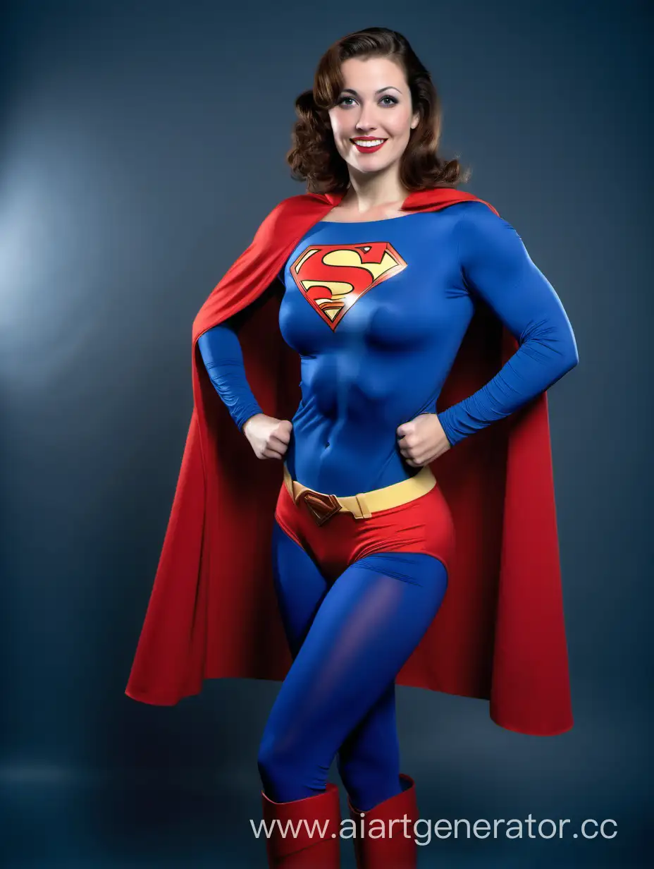 A beautiful woman with brown hair, age 32, She is happy and muscular. She is wearing a Superman costume with (blue leggings), (long blue sleeves), red briefs, red boots, and a long cape. The symbol on her chest has no black outlines. She is posed like a superhero, strong and powerful. In the style of a 1950s movie.