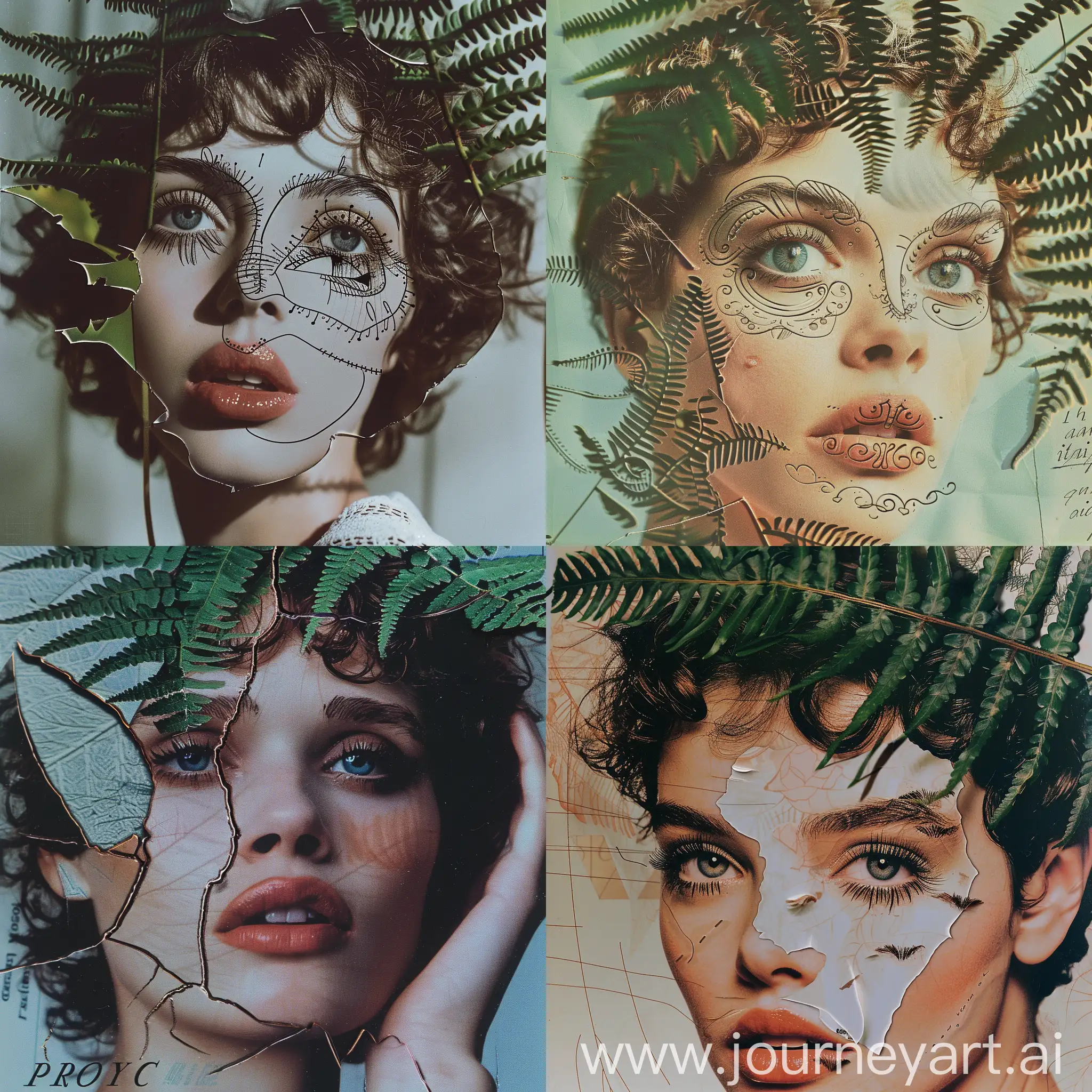 unique magazine collage post punk,  boho, curly short hair, серьги кресты , retro model Sher+Ana de Armas, hippie aesthetic, cut paper, детальная прорисовка глаз, длинные ресницы, пухлые губы, фактурная кожа,  cinematic, папоротник, много деталей, реалистично, высокое качество, vogue fashion illustration, photo taken with provia, 1/250s, f/2.8, ISO100