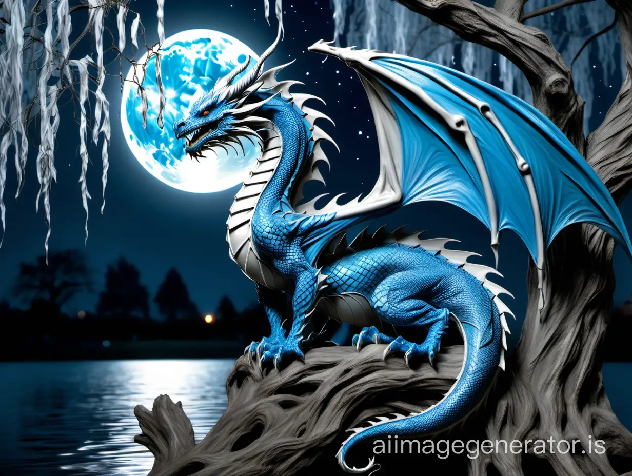 Dragon with white core body color that turns blue sitting under a weeping willow tree. Under a full moon