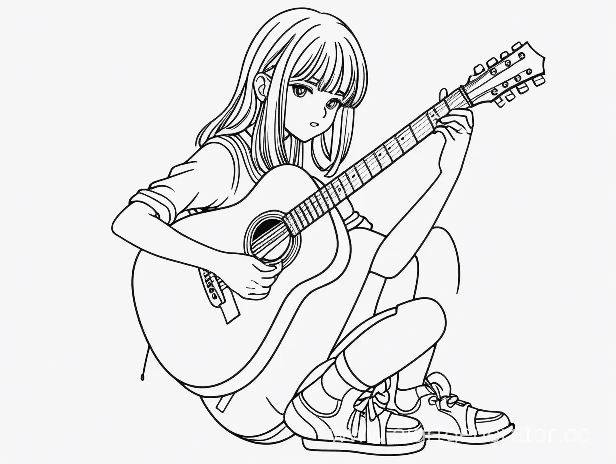 Раскраска контуром на белом фоне в полный рост-девушка играет на гитаре,в стиле аниме