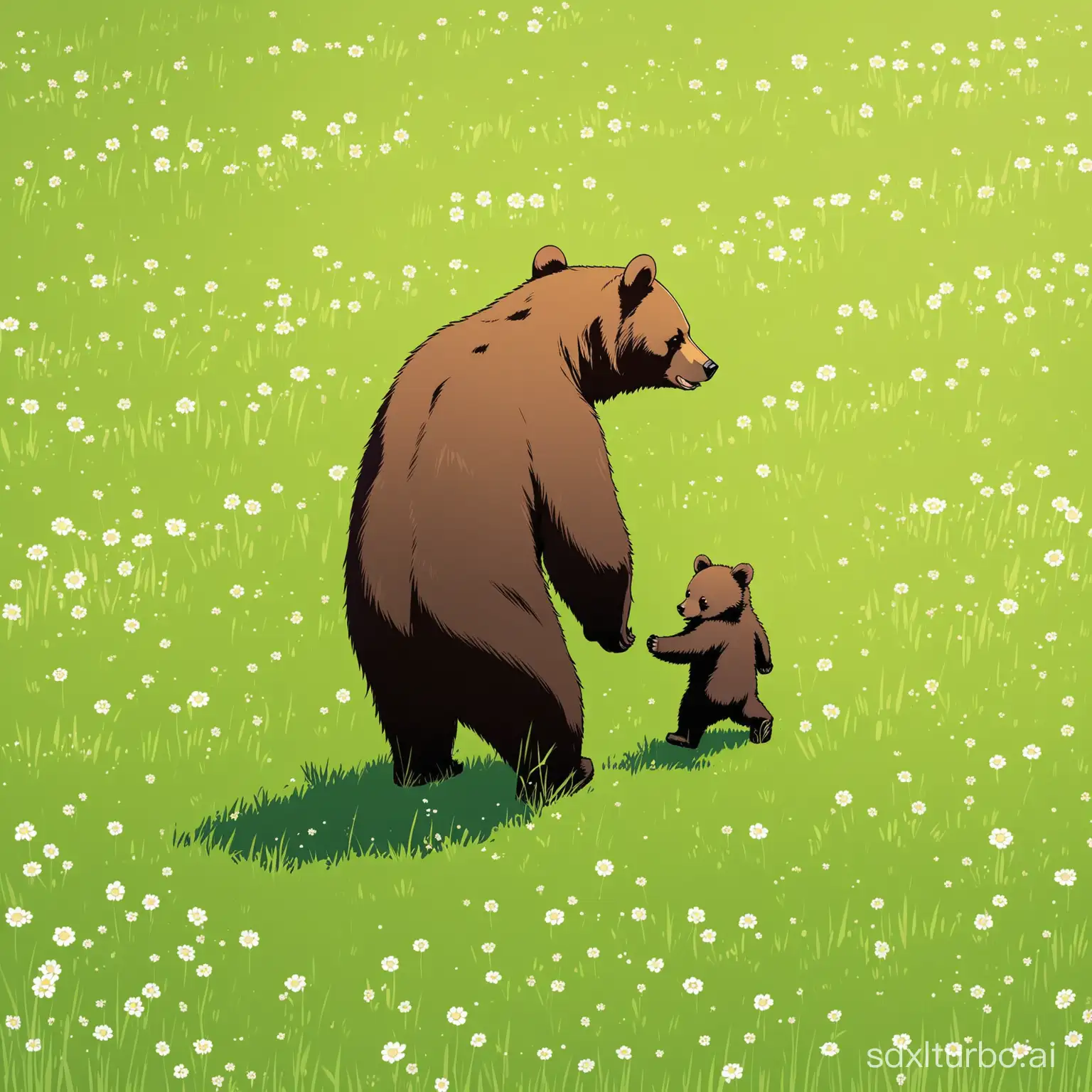 Mama bear and little cub walk on a field grass meet human with gun