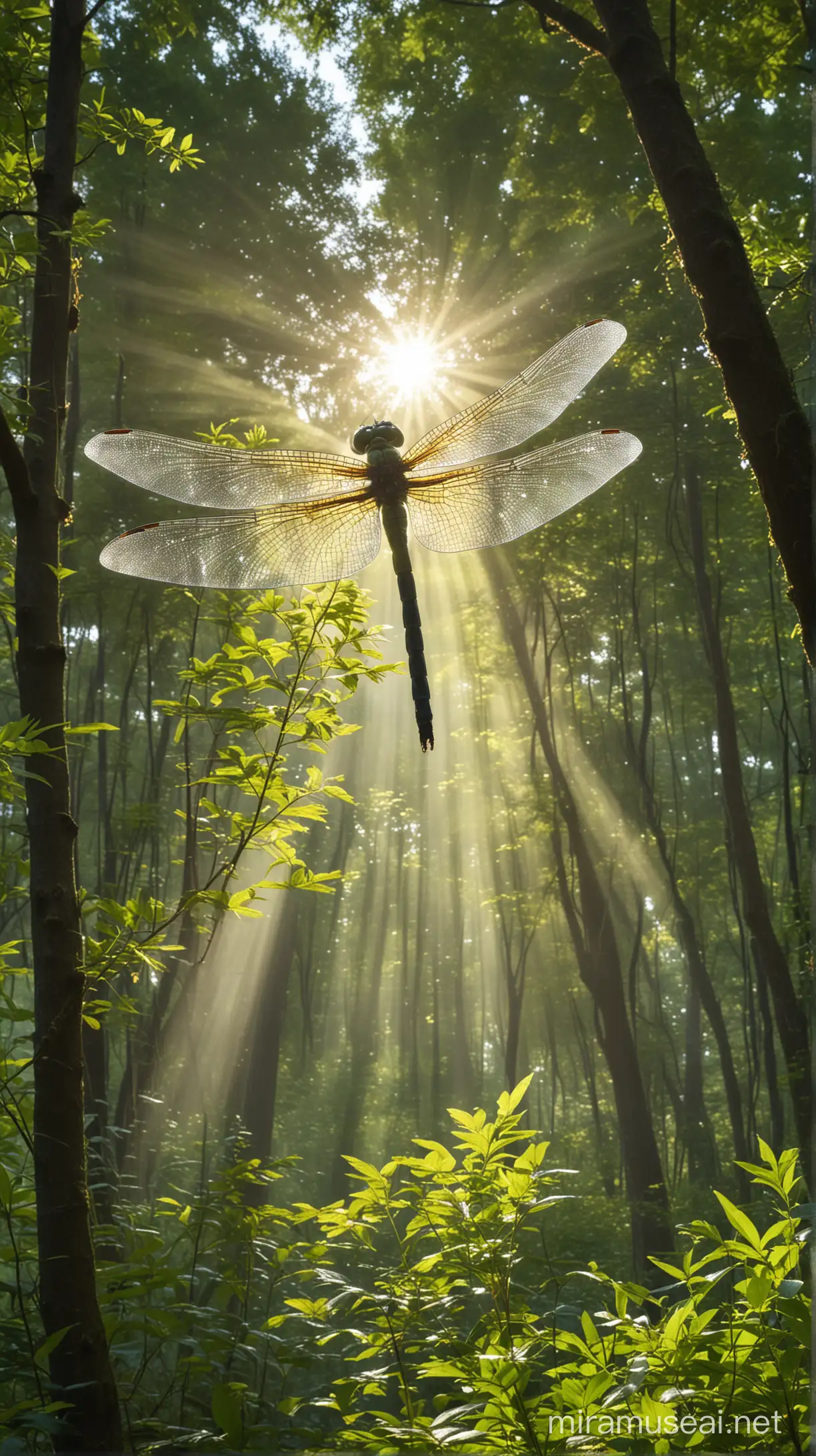 Enchanting Giant Dragonfly Soaring Through Sunlit Forest Canopy