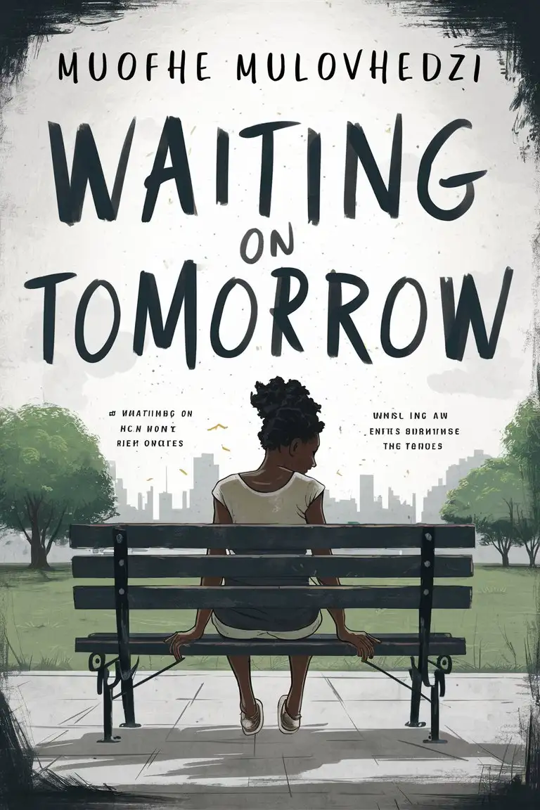 a book cover titled "Waiting On Tomorrow" By Muofhe Mulovhedzi. A young african woman sitting on a park bench, back view, troubled atmosphere.  no other notes on the cover