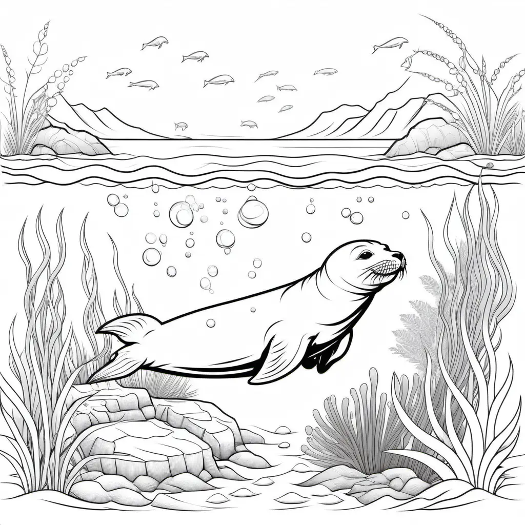 
Coloring page for kids, 1 Seal (if considering marine life) in water and 1 in land close to the shore in the Garden of Eden, clean line art