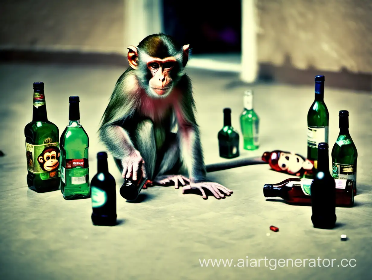 Playful-Monkey-Surrounded-by-Scattered-Bottles-of-Alcohol