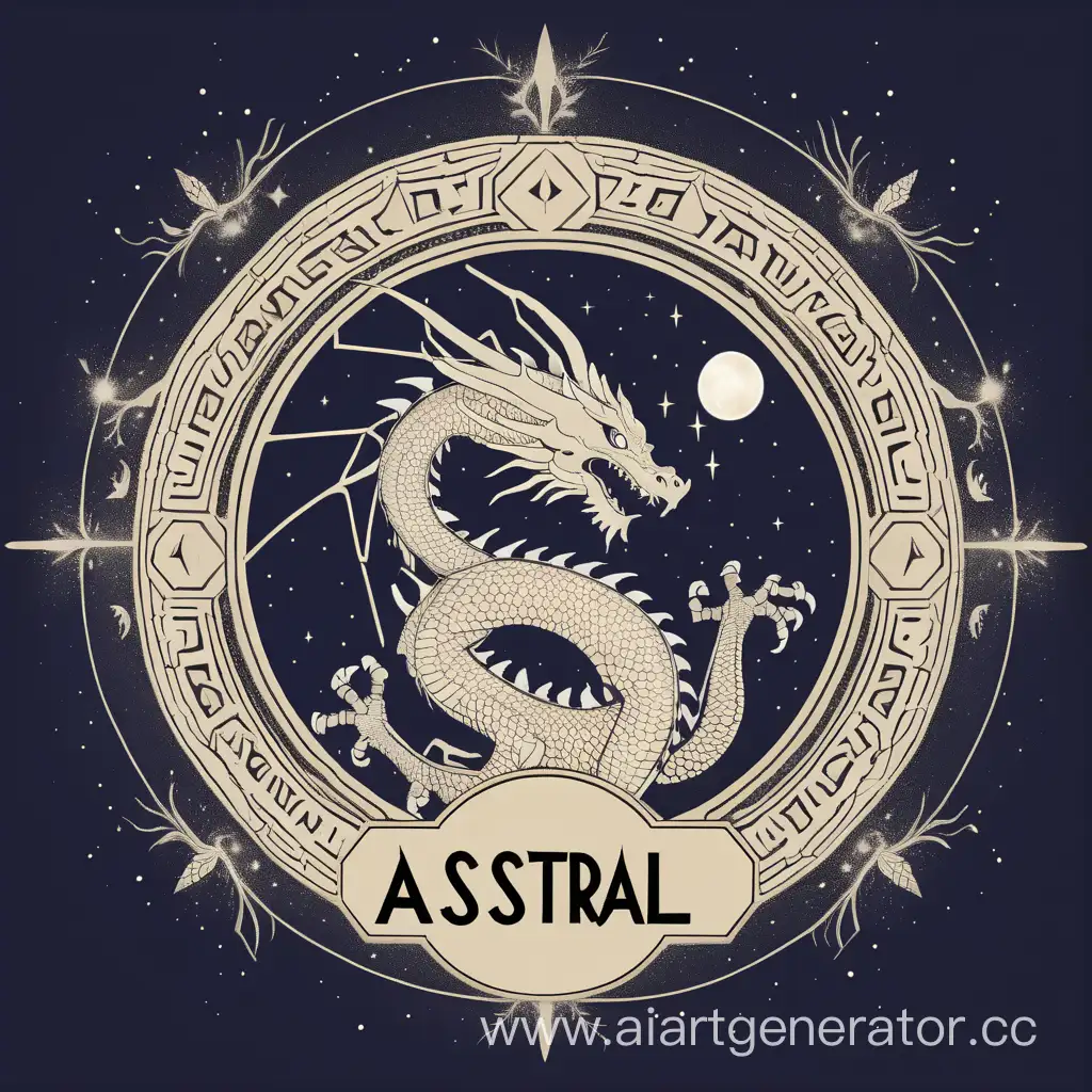 Космический фон, минималистичный дракон по центру со словом ASTRAL