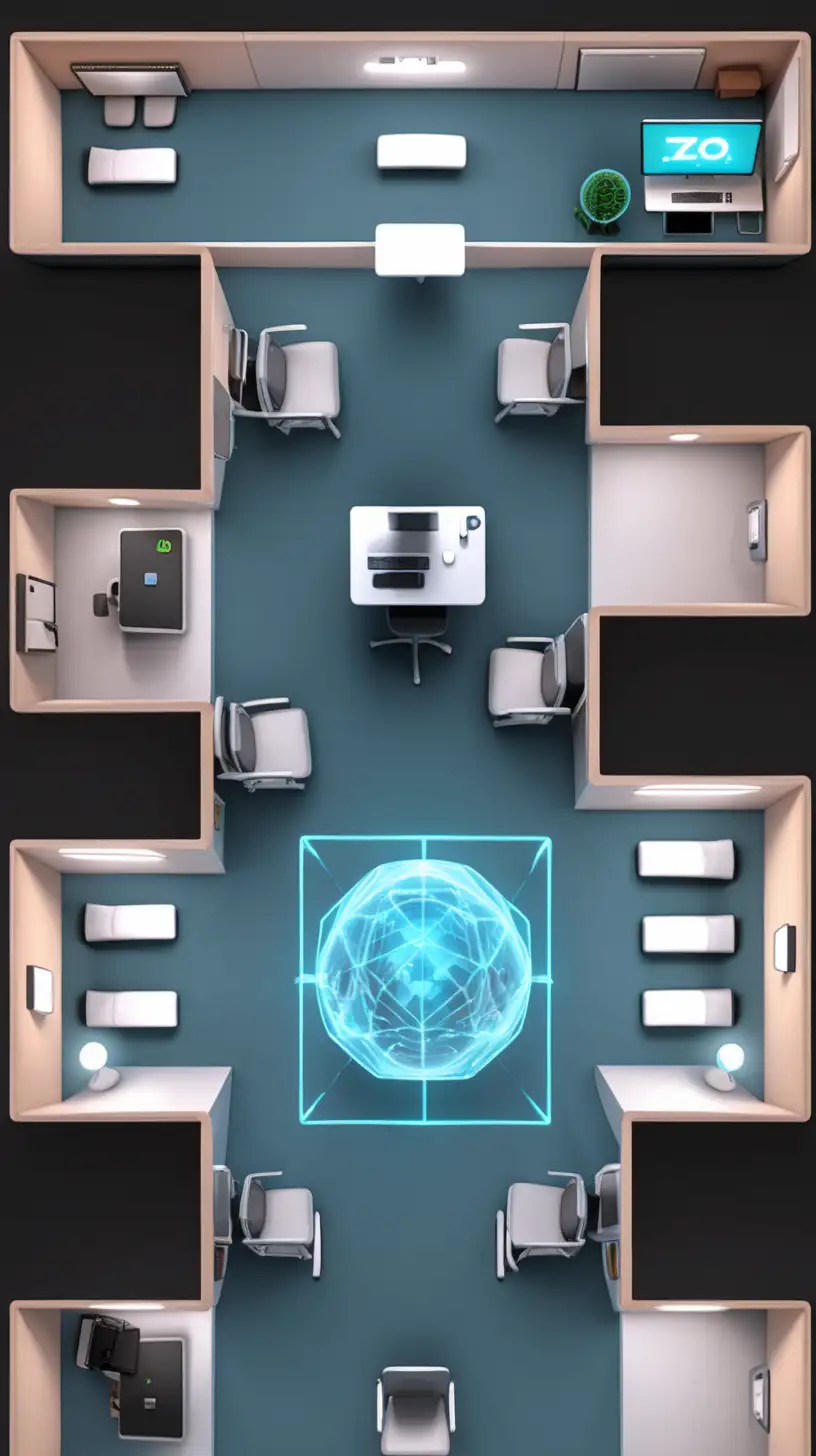 2D top view of zommed out ai hologram study rooms with comfortable desk  ai hologram furniture top view