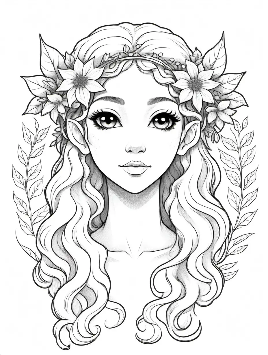 Create a simple line art drawing of a young Black elf maiden with long curly hair and a wreath of flowers, the body should be angled away and the head turned toward the viewer, the drawing should have clean and minimalistic lines, simple detail and minimalist aesthetic. This should be easy for a teen to color and should emphasize a happy elf maiden

