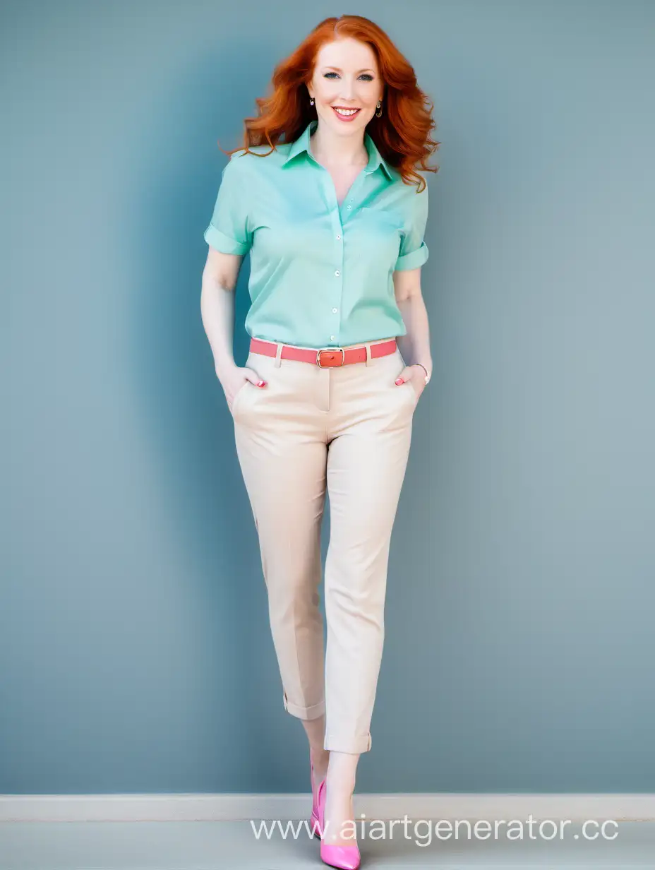 Beautiful Redhead White Woman Wearing a Light Blue Green Plain Short Sleeve Shirt & Beige Pants & Pink Heels