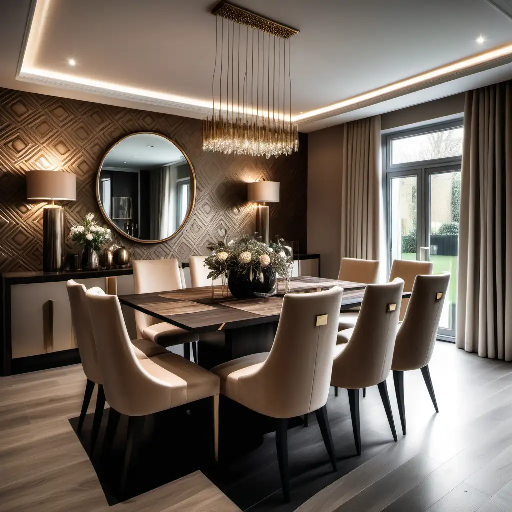 Editorial style photograph of a modern luxury dining room with dining dark wood table, beige chairs with a pattern, feature wall mirrors bronze accents in a modern mansion in London. Realistic 8k photos with a canon