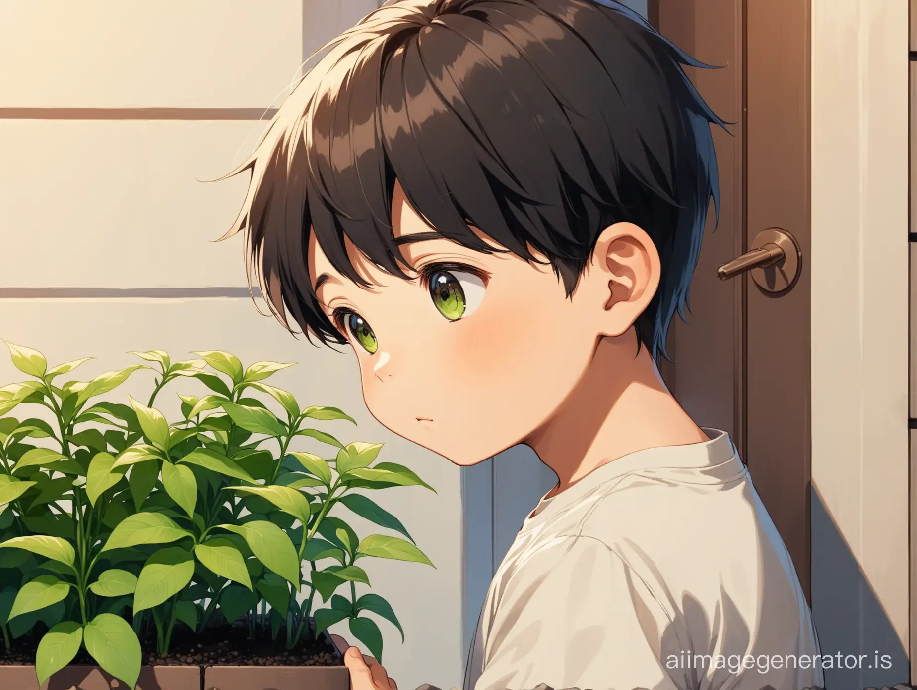 the young boy WATCHING A SMALL PLANT PLANTED OUTSIDE THE HOUSE