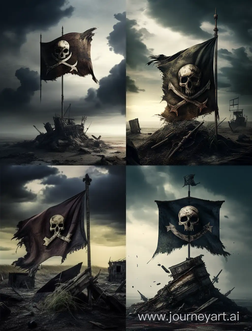 
un drapeau pirate usé qui flotte dans un ciel post apocalyptique
