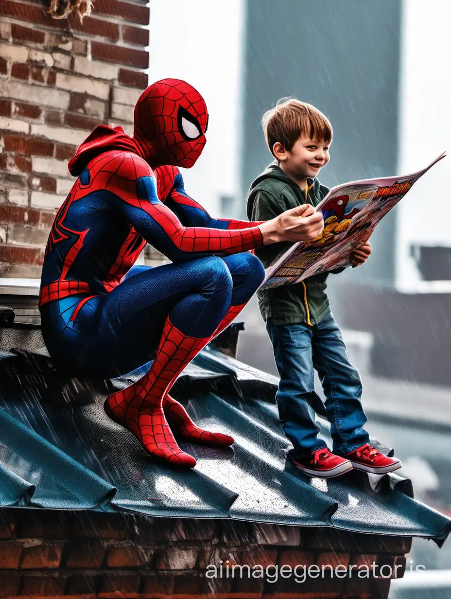 Bright photo. Spider-Man at full height without a mask sits on the roof. He's holding a Spider-Man comic in his hands. He has a smile on his face. A little boy of about seven sits next to him and looks joyfully at Spider-Man. It's raining.