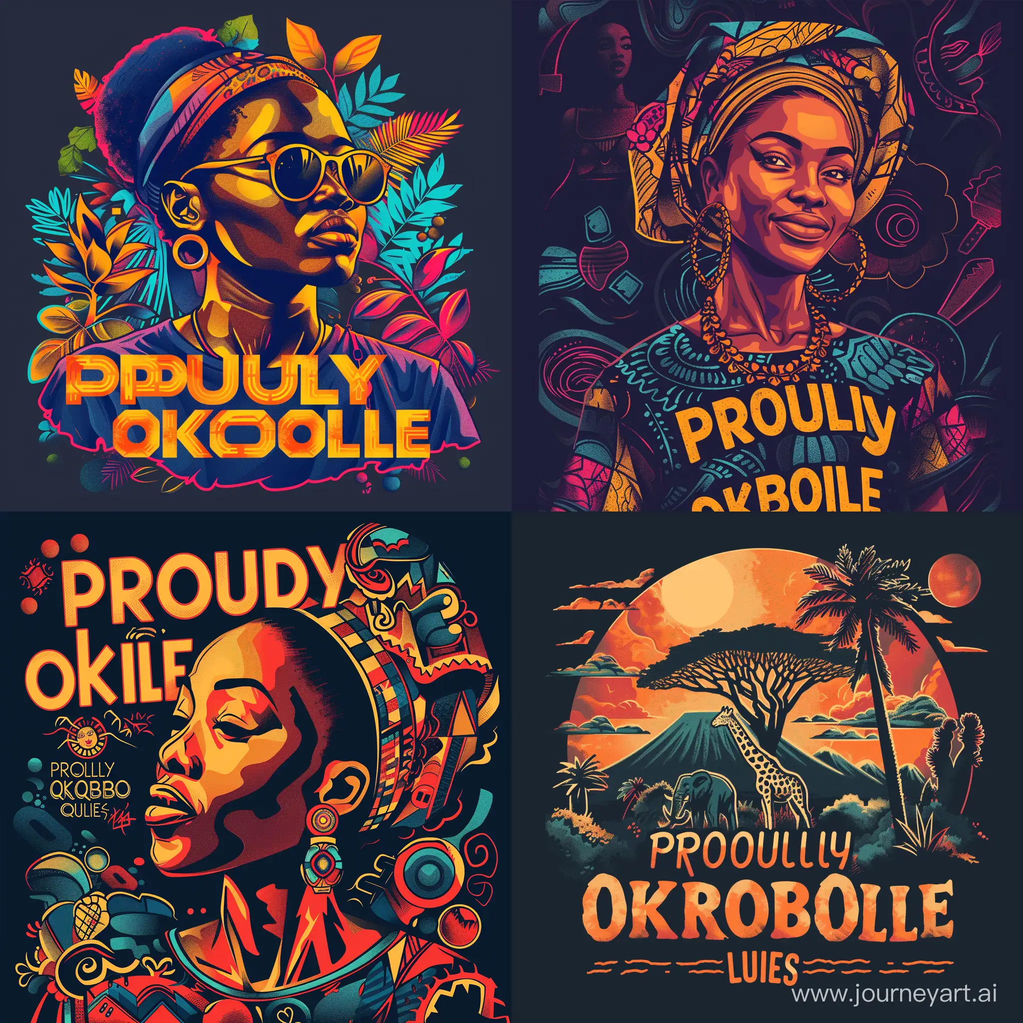 Create a captivating t-shirt design featuring the phrase "proudly OKOROBOILE" as the focal point. Incorporate elements that reflect pride, strength, and uniqueness. Consider using bold typography, vibrant colors, and symbolic imagery to convey the message effectively.
