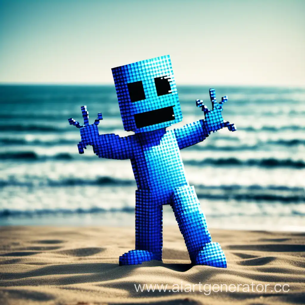 Синий мужык из пикселей реалестичный с значком плейстейшена на фоне пляж 