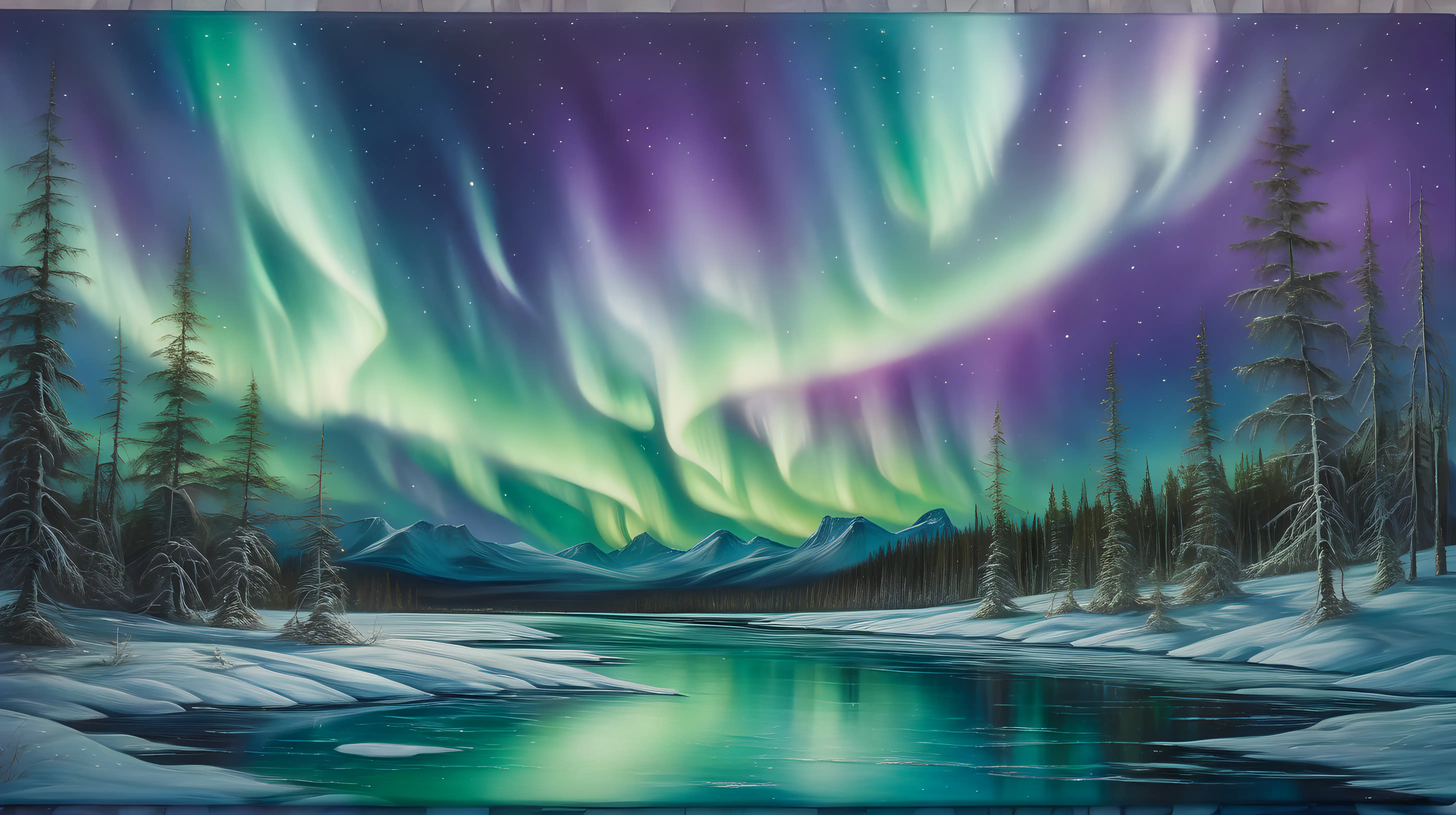 Iridescent greens and purples dance across the canvas, mimicking the beauty of the Northern Lights. The background exudes a magical and otherworldly feel.