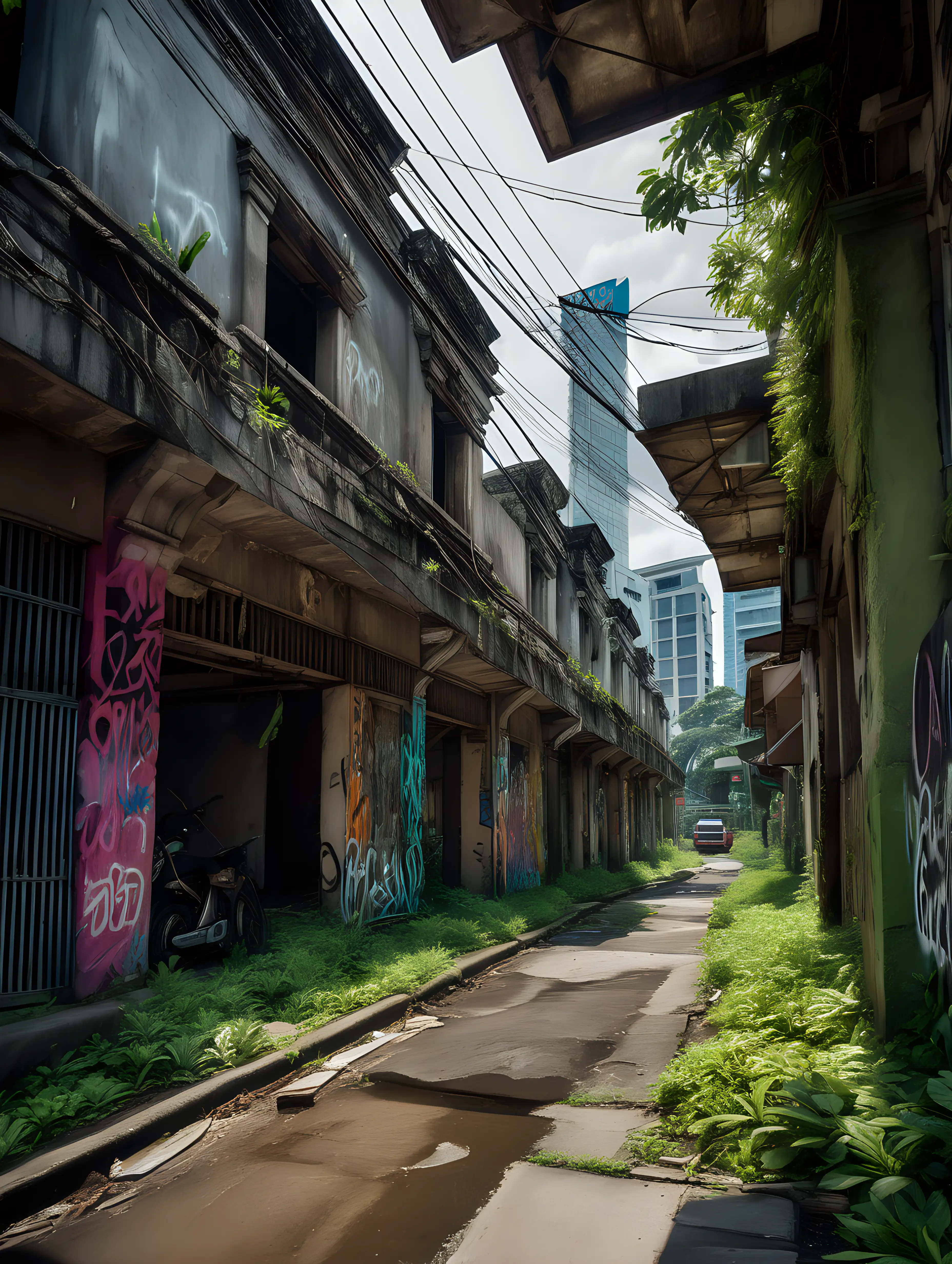 (cinematic lighting), In the heart of Jakarta, an abandoned street unfolds as a silent witness to urban evolution. Weathered buildings with fading paint stand as remnants of the past, their windows shattered and facades adorned with graffiti, telling stories of bygone days. Nature reclaims its space with creeping vines and overgrown vegetation reclaiming the pavement. The occasional echo of distant city sounds creates an eerie ambiance, encapsulating the quiet abandonment of what was once a lively urban thoroughfare in Indonesia's bustling capital, intricate details, hyper realistic photography,--v 5, unreal engine,