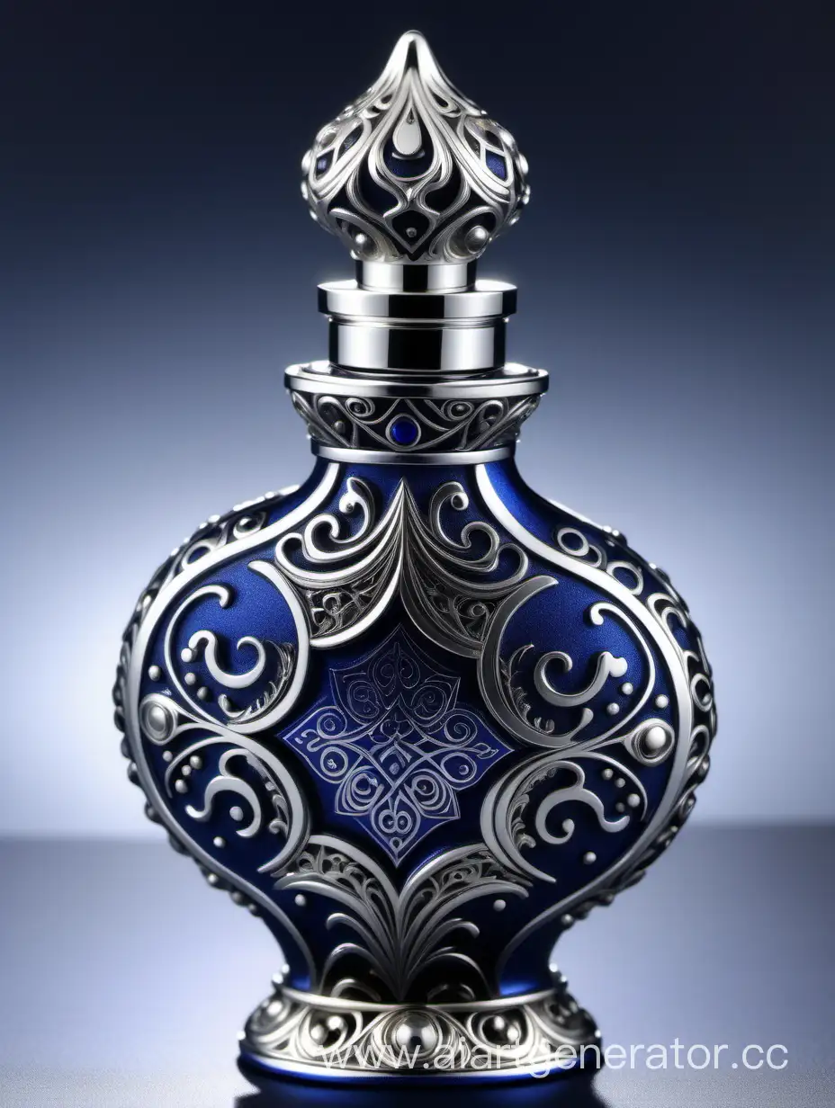 Incredibly detailed, elaborate, embellished potion bottle containing the elixir of life decorative ornamental Zamac Perfume cap, and bottle Dark blue, silver color with dark black square arabesque pattern shaped | metallizing finish